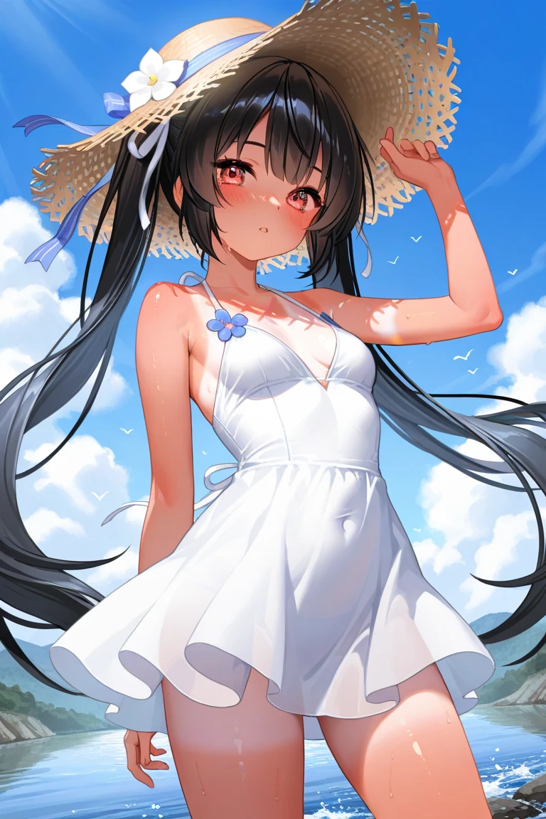 (masterpiece), Highest quality, One Girl, 8-year-old, pretty girl, Flat Chest, Black Hair, Very long hair, View your audience, 
She is wearing a dress, White Dress, Sundress, Summer Dresses, See-through lace dress, micro short dress, micro mini dress, Clothes without collars, She doesn't wear underwear, Not wearing a bra, Not wearing panties, Nipples peeking out of the dress, (Erect nipples showing through the fabric), The material of her clothes is very thin、the body is clearly visible, Expose your shoulders, The clavicle is visible, Not wearing a jacket, She is wearing a sleeveless dress, Her dress is too small and her crotch is visible.., The length of the garment is above the rise、I can see your pussy, (Total:1.5), she has no pubic hair, 
She stands with her legs spread, Open your knees, Very shy, Wearing a straw hat, 
Behind the building, Leaning against a wall, There is a passerby behind her, blush, alley, 