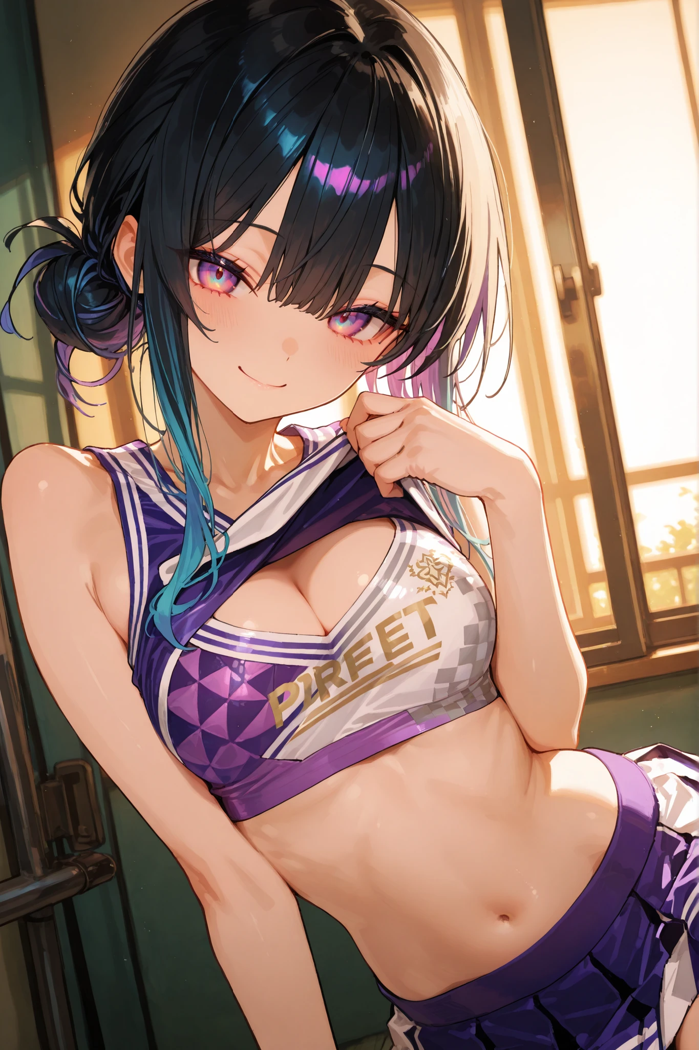 modelshoot style, (masterpiece:1.3), (absurdres:1.3), (best quality:1.3), (8K), (large masterpiece digital art), (detailed manga illustration), (handled hair), perfect anatomy, (intricate details:1.3), (ultra-detailed:1.3), (illustration:1.3), (sharp focus:1.3), (natural lighting:1.05), (vivid colors:1.3), 1girl, solo, <lora:HololveAzki_V10:0.4>, azki, idol, (short hair:1), hair between eyes, multicolored hair, (two-tone hair, pink hair, black hair), purple eyes, sightly smile, <lora:cheerleaderOutfitBlue_v1:0.7>, cheerleader, crop top, skirt, miniskirt, holding pom poms, pom pom \(cheerleading\),