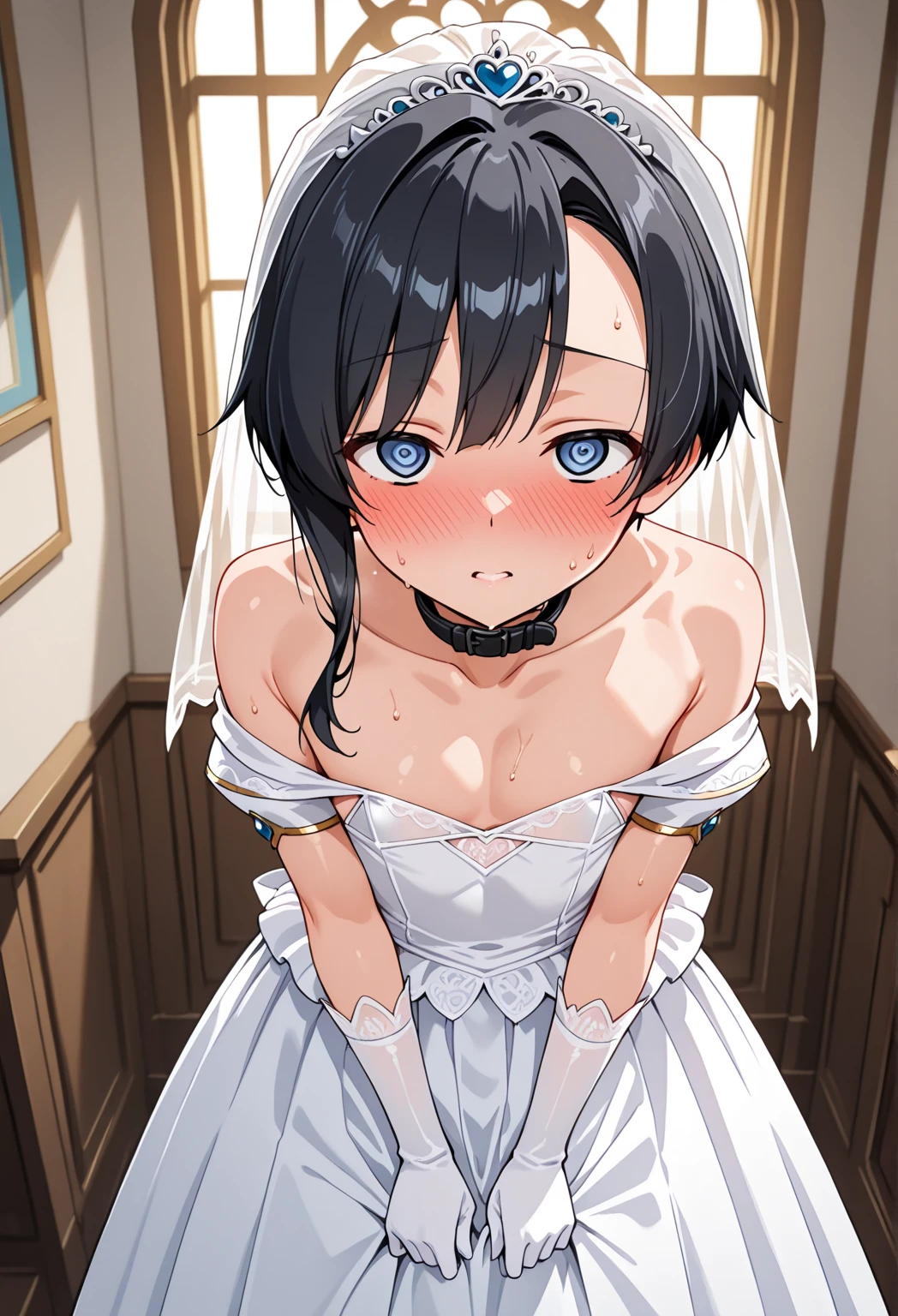 nsfw,uncensored,(super fine illustration,8K CG wallpaper,best quality,extremely detailed,ultra high res,best aesthetic),(cowboy shot,from front),1girl ,idolmaster, ((yukimi sajou)), (12yo,beautiful girl),((((beautiful dark orange eyes)))),(((beautiful dark blue hair))), (((midium straight hair)))),(((Blunt bangs))),(wet skin),(sweat),(steam),((flat chests,very small breasts)),((mini)),(petit)),(gorgeous wedding dress:1.5),(wedding veil, white corset, white lace legwear, nipple, white wedding grove:1.3), ,(open clothes),(wet clothes),(first round),half-closed eyes, orgasm face, O-face, blush cheeks, arched back, (vaginal penis:1.2), (a Faceless male), ,(((carrying sex))),hetero, man in below, (intense Sex:1.7), (cum out:1.2),(red carpet),(((multiple boys, peeing on a girl,multiple penises, gangbang, holding penis))),((ecstasy torogao, saliva trail, nose blush,one eye closed,out tongue)),cleavage of the breast,happy,((smile:1.9),((cum on body:1.9)),((cum on face:1.9)),((cum on hair:1.9)),(Bukkake, cum in mouths:1.3),(vulgarity),((wedding chapel:1.5)), (indoor, church, many stained glass window),look at viewer,