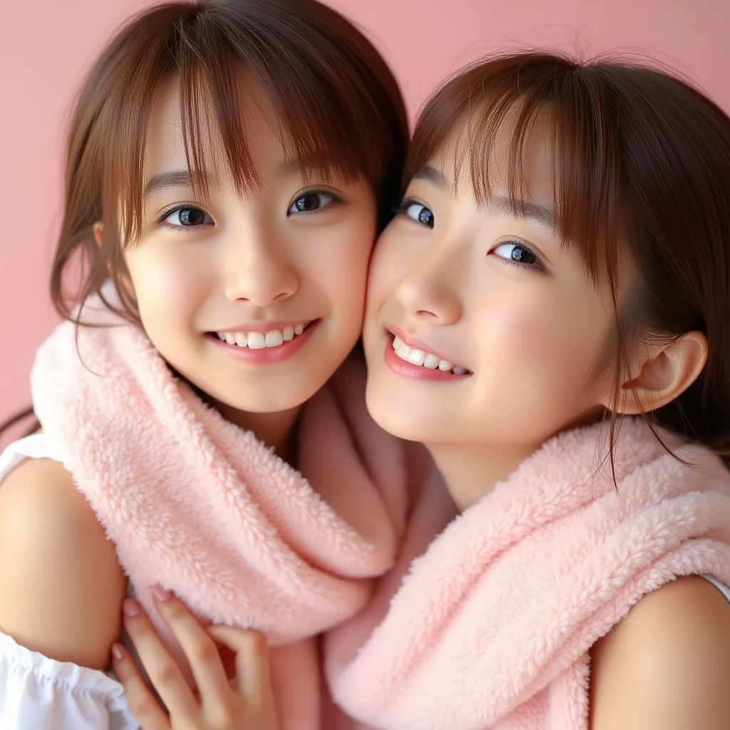 Japanese high school girl identical twin sisters, (8K, RAW photo, best quality, masterpiece: 1.2), highly detailed, super resolution, (realistic, actual photo: 1.37), (photorealistic: 1.6) , eating lunch in the bedroom, high-resolution raw color photo, professional photo, very delicate and cute, (pointing at the camera), real light (with arms wide open and palms facing towards himself), teeth visible Please smile, amazingly cute, neat high school girl, very cute smile, very cute face, amazing details, red scarf, very detailed beautiful girl, another face, one ponytail, modern and cute, very detailed Face, very detailed eyes, very realistic skin, very thin fingers, very small nose, very knowledgeable mouth, perfect , , , smiling, long straight hair, (bangs 1.2), celebrity level cuteness The youth of high school girls