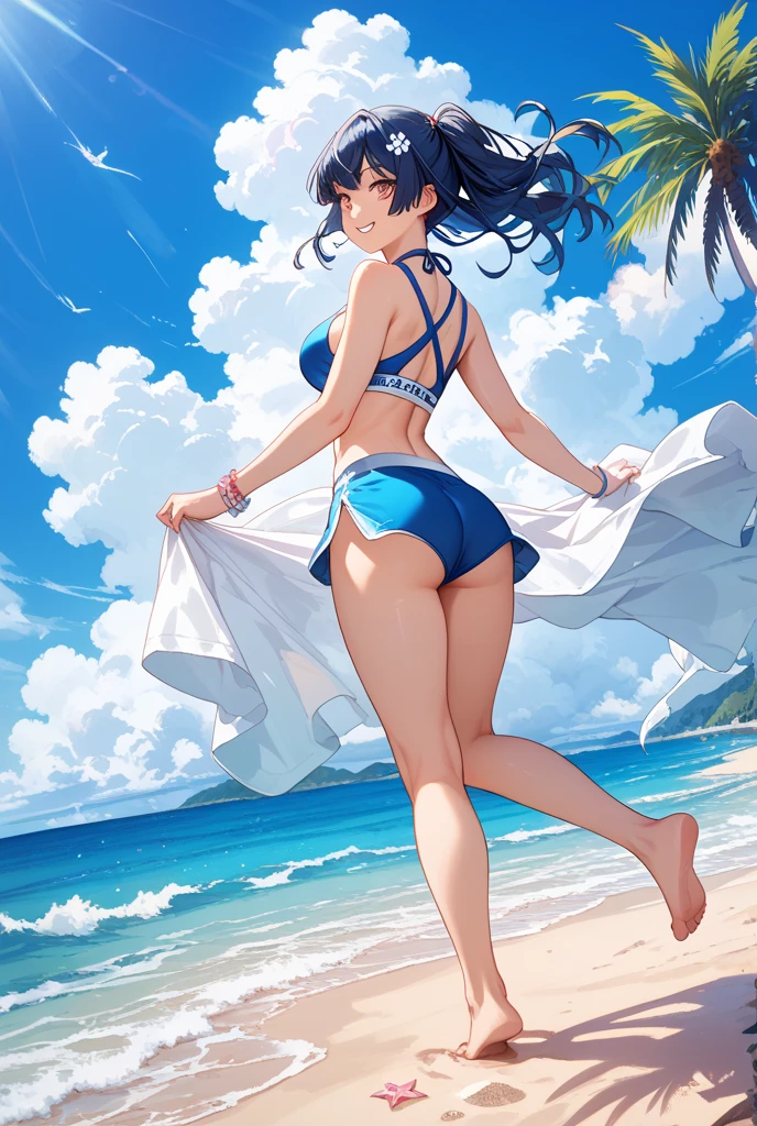 ​masterpiece、ultra-quality、ultra-detailliert、Perfect drawing、独奏、girl with、((Cute swimsuit))、(Round and cute buttocks)、((bulging bust top))、red blush:(0.2)、perspiring、darkskin:(1.2)、｛Sunburn marks:(1.5)｝、a smile、18year old、blue-sky、cumulonimbus clouds、glowing sun、shores、sand beach、Shot from diagonally below the back、bustup、see -through、beatiful backgrounds、Accurate drawing、Detailed drawing