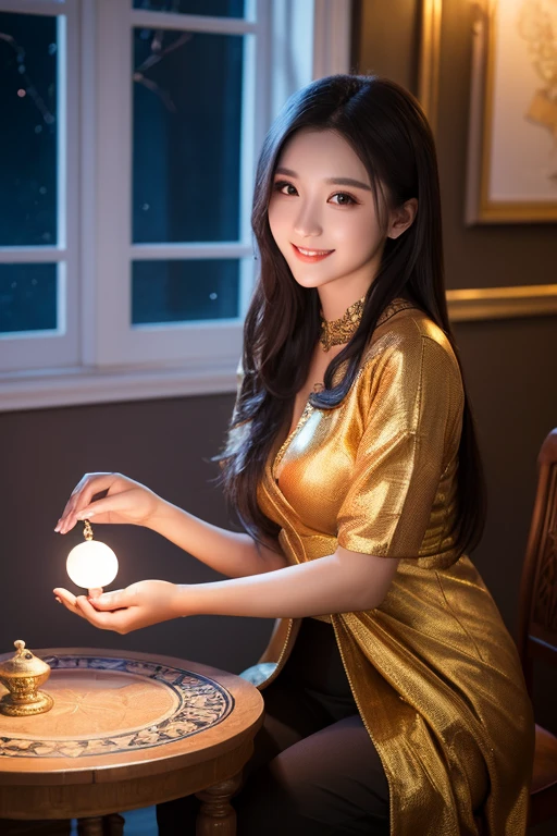 female mathematician,Ancient Greek costumes,Astronomical machinery,antique,A smile,,Sweet and  appearance.、Caravaggio's paintings、Chiaroscuro of Caravaggio,,Cute smile, Expression of ,erotick,A 