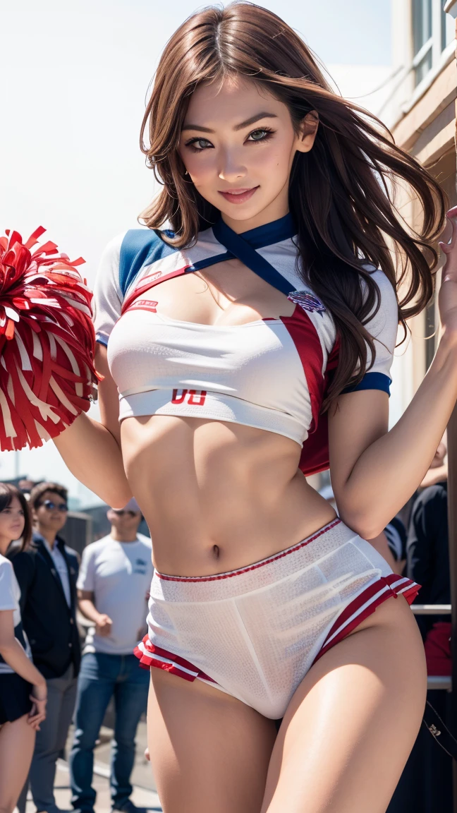 masutepiece, Best Quality, Ultra-detailed, Unity 8k壁纸, super detailed skin, Perfect Anatomy, Detailed, Dynamic lighting, 1girl in, voluptuous woman, Full body, a blond, twin-tail hair、gals, Shiny hair, ripped clothing、cheer girl、Cheergirl Uniforms、Hands raised、looking through legs, covered erectile , eyeshadows, huge-breasted, very Bigger breasts、Saggy breasts、wetted skin、cleavage, gleaming skin, Overexposed、through, Pubic hair,  Line, shores, Photorealistic