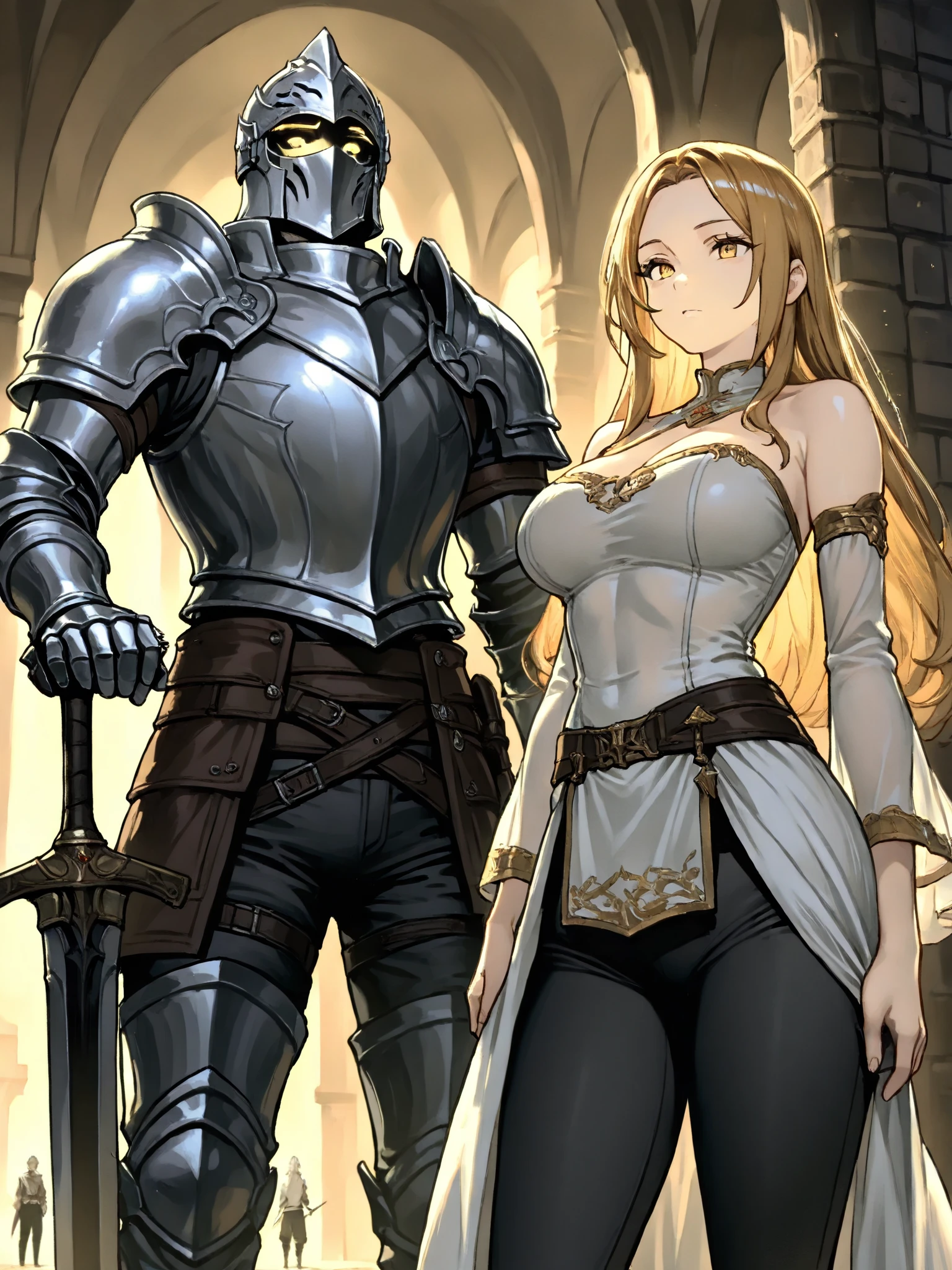 17 year old male youth in armor, besando a una mujer rubia sexi.