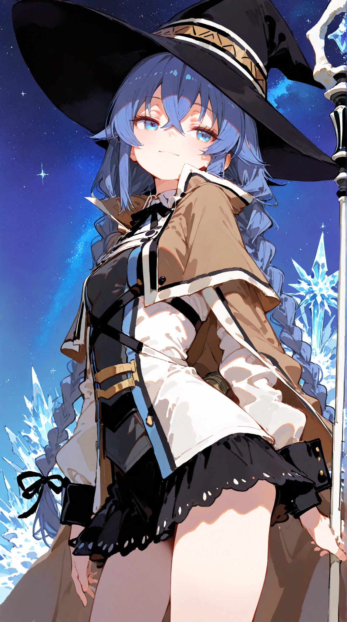 Woman, sage, long blue hair, badass magician, elementalist clothes, Wizzard, mage hat, wind and ice power
