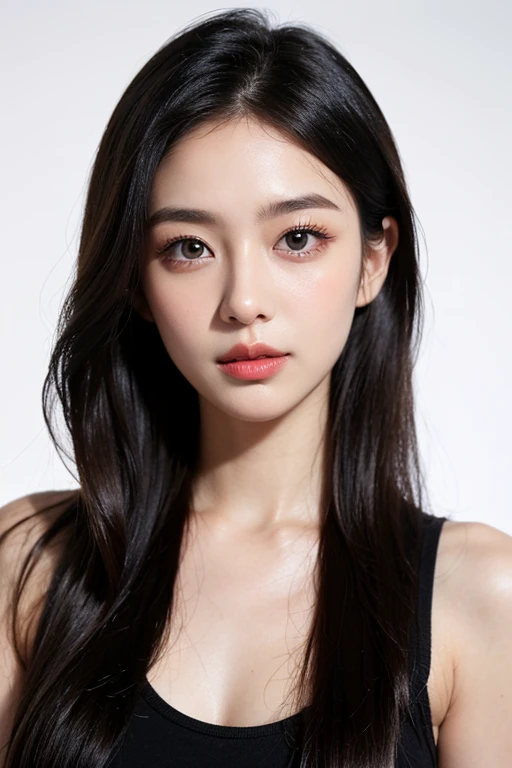 Kim jennie con el cabello negro oscuro, con rulos en las puntas del cabello negro oscuro, con un ganchito de estrella en el cabello negro oscuro, ojos de color claro, ojos bonitos, ojos llorosos, nariz bonita y respingada, labios bonitos, labios rosas, heart and cupid shaped lip, piel bonita, pale, piel blanca, con lunares y pecas en todo el rostro, rubor rosa suave en las mejilla, rubor rosa natural, maquillaje suave y rosa, jennie, cuellos bonito, cuello marcado, frown, mirada enojada, con un collar de beso, un collar bonito de beso, mientras muestra sus pechos con un brasier de conchas del mar, mientras un brasier en forma de conchas de mar, con una falda roja, mientras tiene una falda suelta de color rojo, mientras tiene el abdomen desnudo, delgado, marcado y bonito, (pechos grandes, pechos suaves, pechos bonitos, pechos naturales), mirando a la camara, autofoto