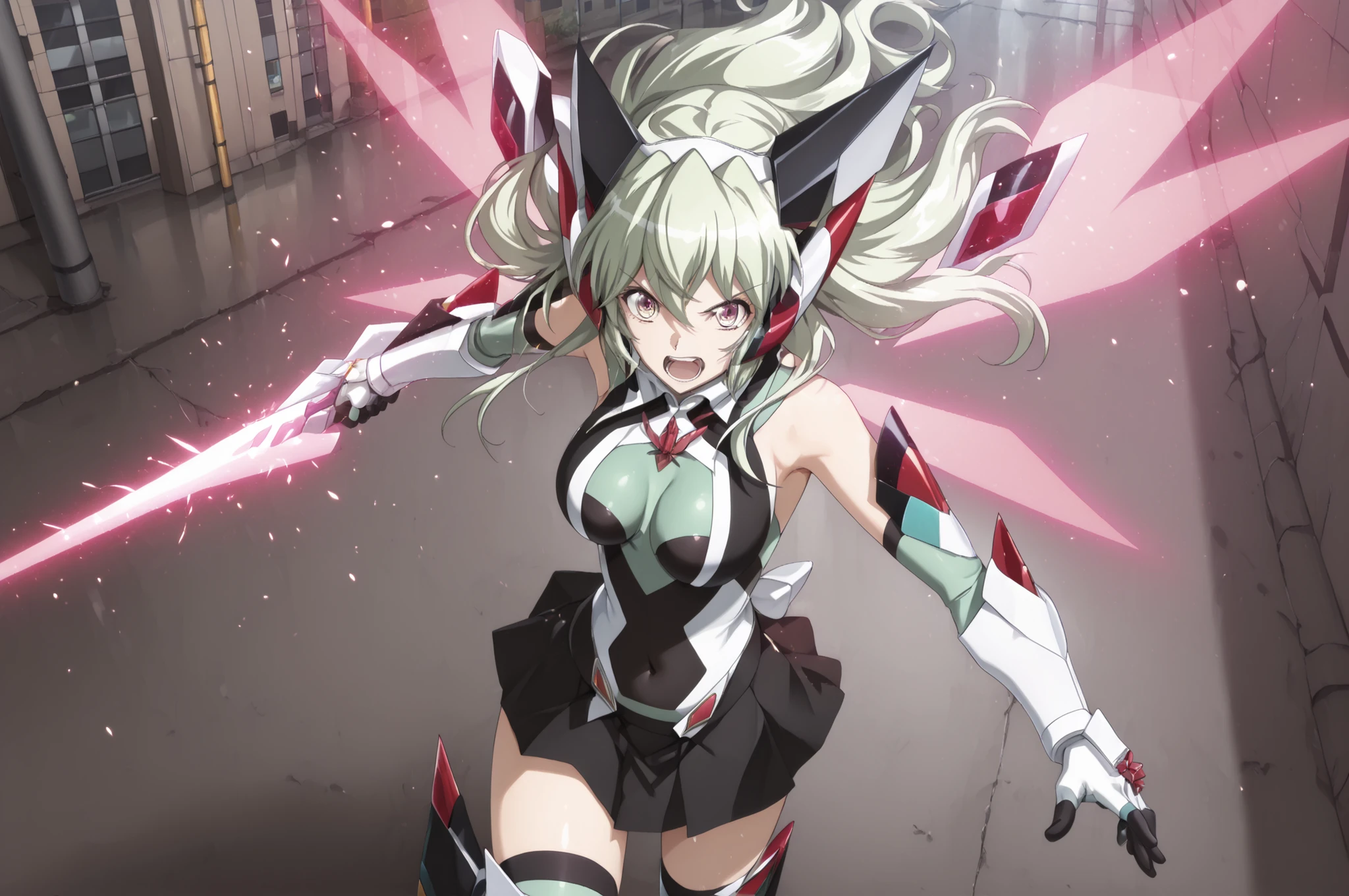 戦姫絶唱Symphogear、Symphogear、Score 9,score 8 up,score 7 or higher,score 6 up, score up 5,Score 4 up,((high quality illustration)), ((masterpiece)), ((so delicate and beautiful)),((precise illustration)),((detail illustration)),((Anime Art Style)), high resolution, 8k, detail, perfect face, Highest Quality, (Ultra High Definition), Perfect Eyes,Beautiful Eyes, Break 1girl,solo,Symphogearスタイル, pixel particles explode ,growing, BREAK 金 Symphogear,black leotard, Disconnect, Belly button cover, gold armor , black clothes, gold gloves , gold thighhighs , 金 elbow gloves, blacken clothes BRAKE ,赤en mechanical groves,blacken mechanical leg armors,赤en mechanical head gear(Ear),Crimson Eye, metal clothes ,Color of Armor : black,blacken gauntlet,blacken skirt,白en head gear((Ear)),blacken grove,戦姫絶唱Symphogear、Symphogear、big boobs、big breasts、LONG HAIR、 fluorescent green hair 、fluorescent green long hair、LONG HAIR、C.C.、C2、taken from above、Buildings、Fearless Laugh、Energy Wing、 Exdrive 、UNLIMITED