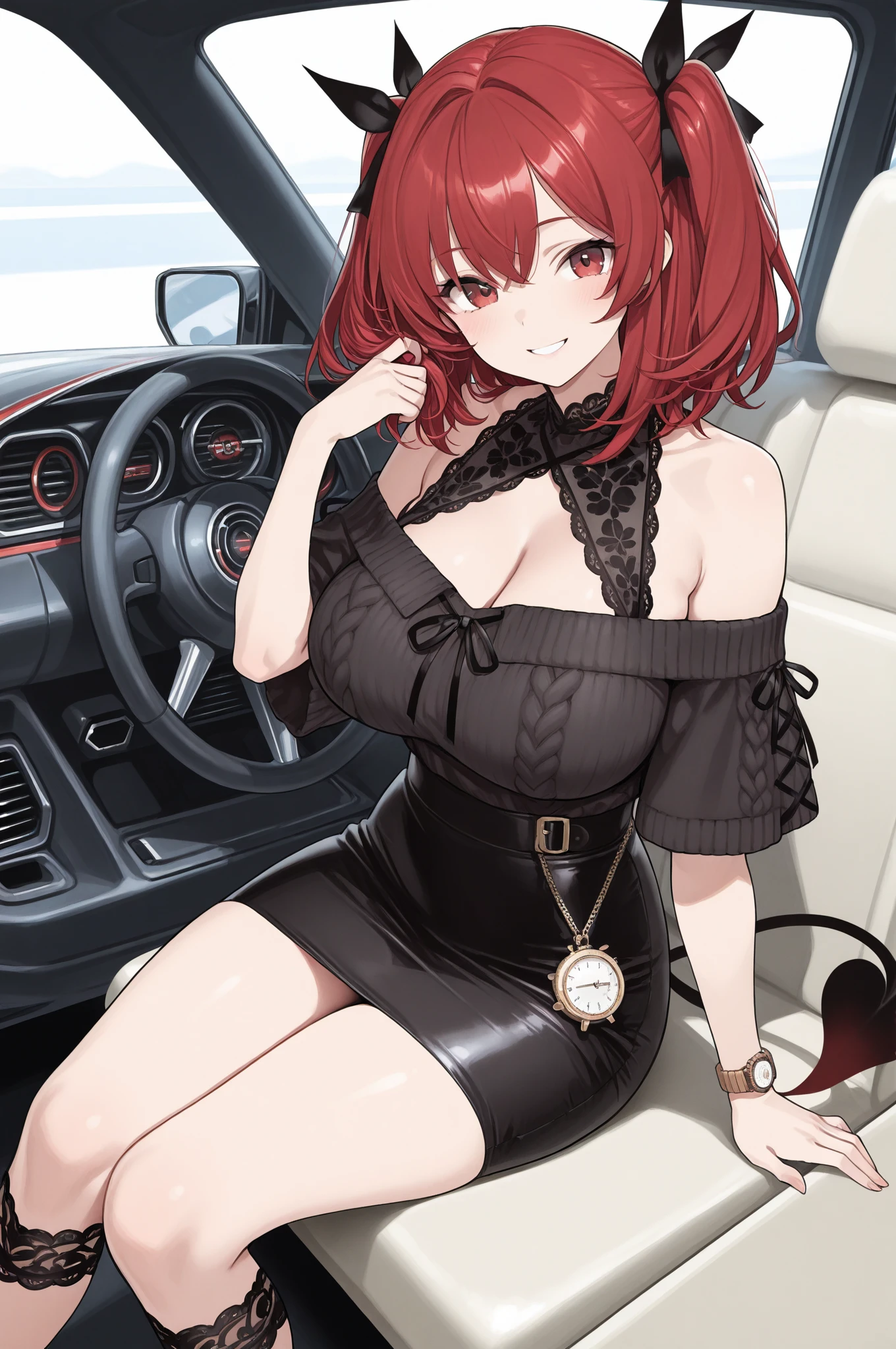 (((masterpiece))),(((High resolution)))、(((8K quality)))、(((Perfect Face)))、((Top quality eyes)), Attractive 40 year old woman, Anime Style、Too many bangs、Wavy Hair, Medium Hair, ((Hair on one eye)), Redhead, Small eyes, Brown eyes, Beautiful Eyes、red and thick lips、Big Breasts、Big Ass、night、Cleavage、A dry look with a leopard print bag and a black dress. Add a touch of glamor with gold accessories、Cowboy Shot, Natural smile、Standing next to a luxury sports car、Sexy pose、Shallow depth of field、