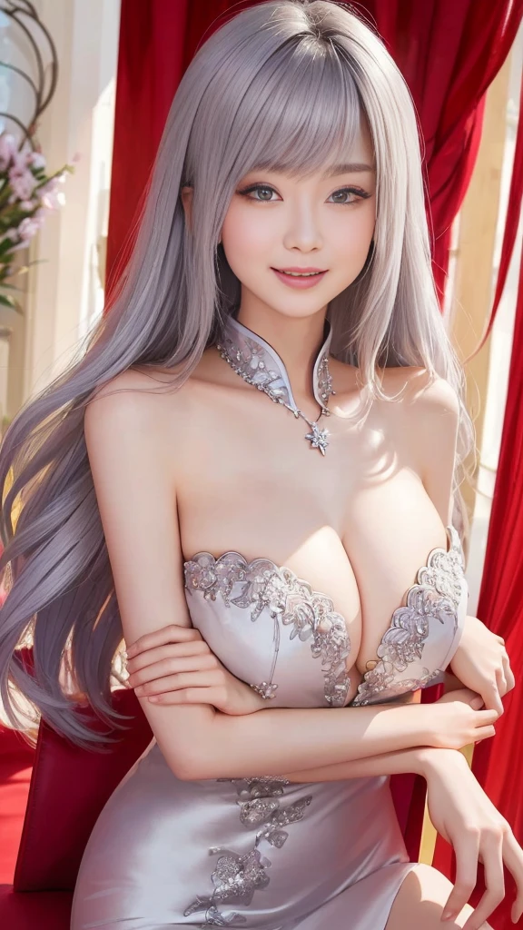 1girl, solo, long hair, looking at viewer, smile, blue eyes, hair ornament, white background, jewelry, white hair, closed mouth, blunt bangs, nail polish, bracelet, lips, grey eyes, portrait, red nails, close-up, red lips, hands on own face, hands on own cheeks,(mature female),(shiny skin),((steaming body))