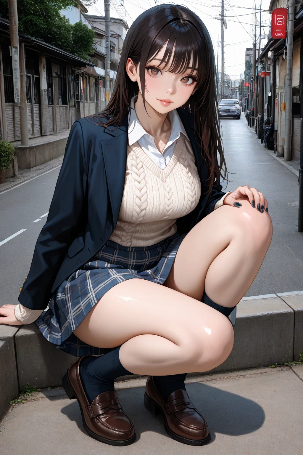 marimakinami, Mari Makinami, Japanese、Skin that is not too white、Big blue eyes, Brown Hair, Thick red-rimmed glasses, Big Breasts、Breast enlargement、Big Ass、head band, Twin tails, break dress shirt, pantyhose, Plaid, Plaid skirt, , shirt, skirt, break outdoors, city, break looking at viewer, break (masterpiece:1.2), Highest quality, High resolution, unity 8k wallpaper, (shape:0.8), (Fine and beautiful eyes:1.6), Highly detailed face, Perfect lighting, Highly detailed CG, (Perfect hands, Perfect Anatomy),