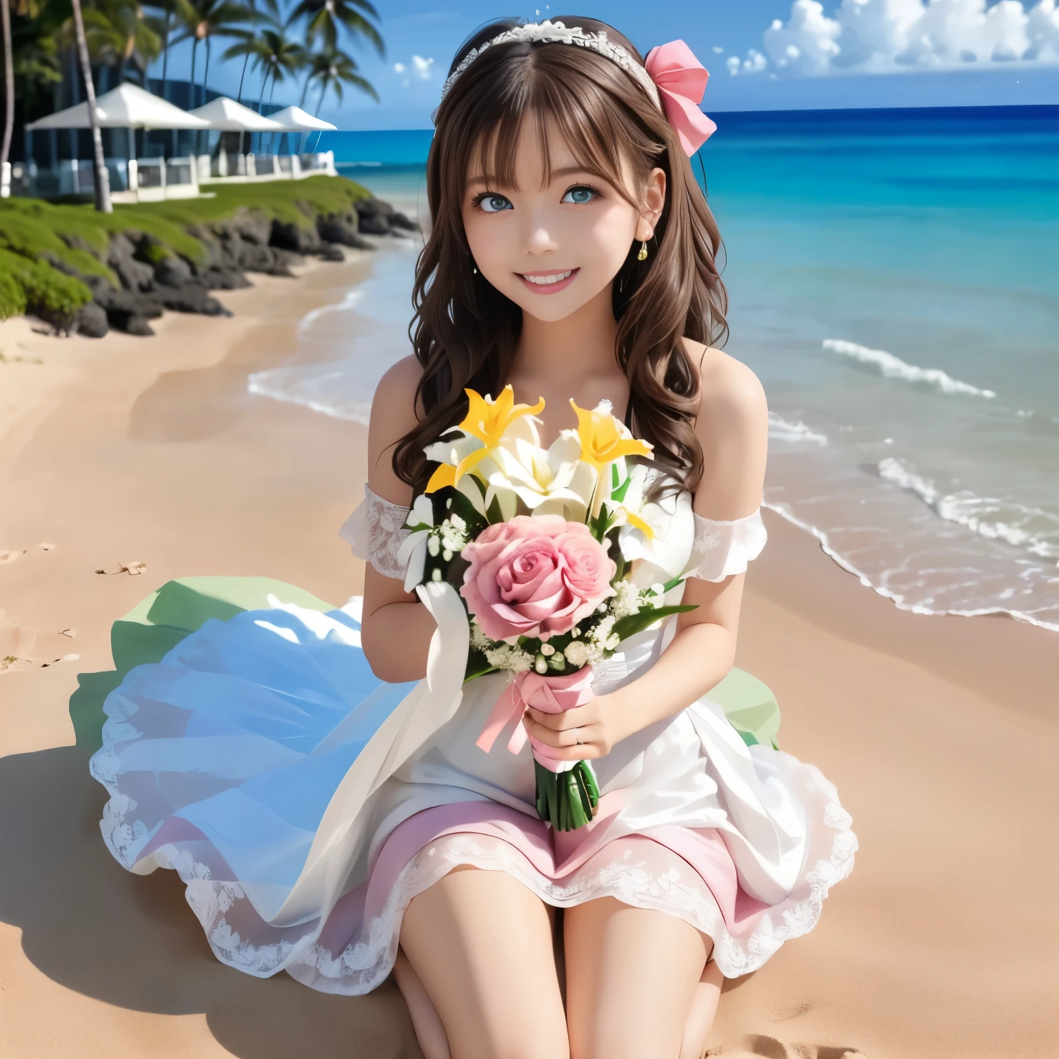 masterpiece, best quality, ultra high res, anime style, soft and warm atmosphere, tropical summer color palette, bright sunlight, soft focus, dreamy lighting, two beautiful sisters, older sister: elegant, tall, slender, (long wavy dark brown hair:1.3) blowing gently in the ocean breeze, (deep blue eyes:1.25) with a warm, joyful smile, (looking directly at the viewer:1.2), wearing an (off-shoulder white wedding dress with lace details:1.3), barefoot on the sand, holding a (white lily bouquet:1.25), graceful posture, younger sister: cute, petite, (short bob golden hair:1.3) with a (pastel pink ribbon hair accessory:1.25) fluttering in the wind, (bright green eyes:1.25) sparkling with happiness, bright and cheerful smile, (looking directly at the viewer:1.2), wearing a (pastel pink wedding dress with frills and ribbons:1.3), barefoot on the sand, holding a (pink rose bouquet:1.25), tropical background with (Waikiki Beach:1.3), turquoise ocean waves, white sandy shore, gentle palm trees swaying, sunlight reflecting on the water, soft breeze moving hair and dresses, (camera angle from mid-thigh up:1.2), cinematic soft lighting, ultra detailed faces, glossy eyes, smooth shading, clean lineart