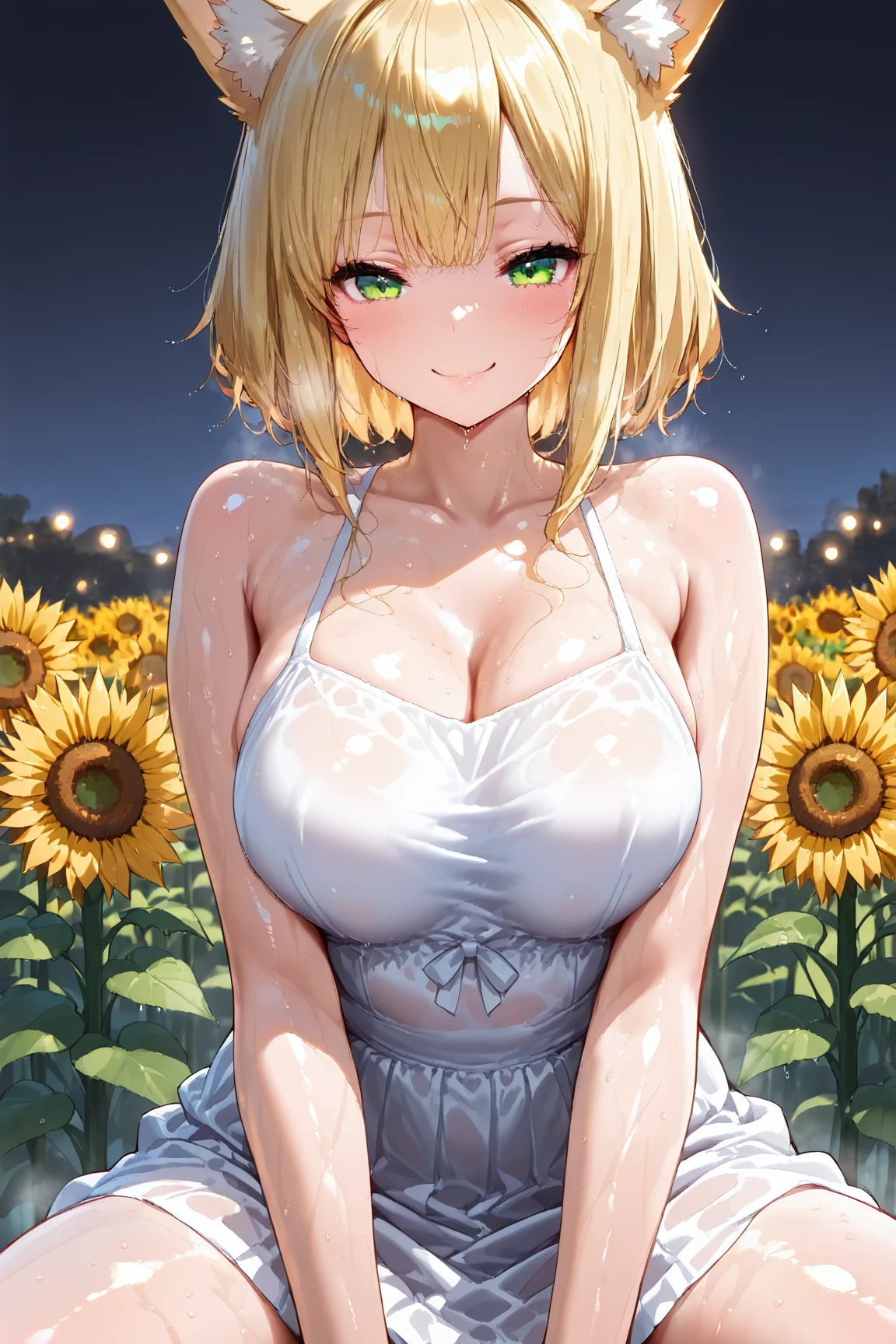 sunny、summer、Sunflower field、White dress、No bra、Large Breasts、shame、Burning cheeks、Embarrassed、Young face、Brown nipples、pubic hair、after the rain、Stained and clingy clothes