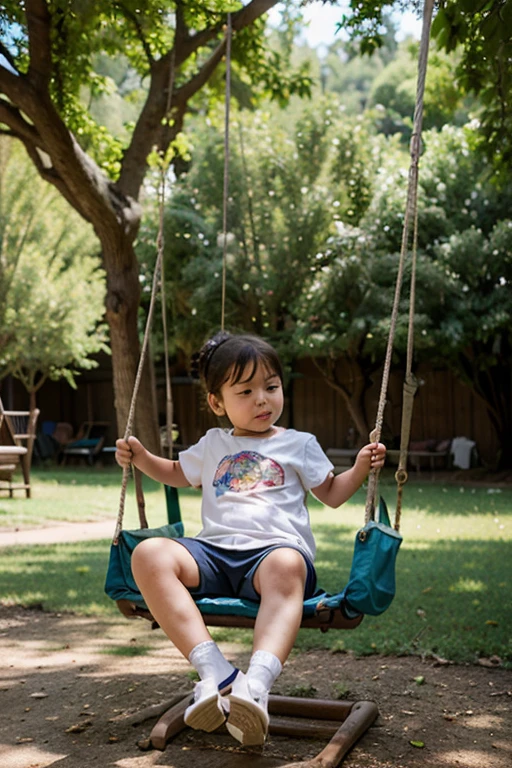 Young boy sitting on tire swing