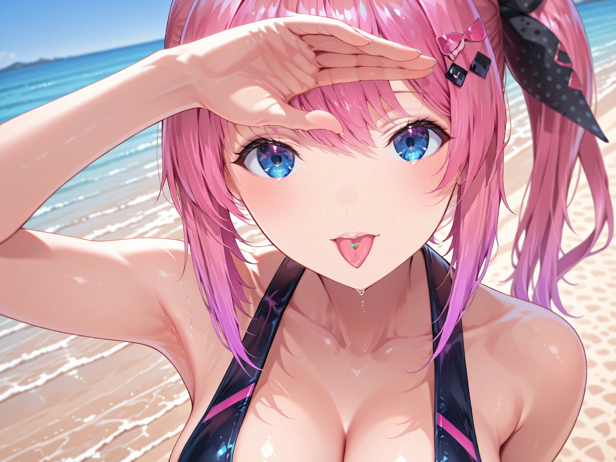 (One girl),(Best image quality, 32K, masterpiece:1.3), Anatomically correct, ((Pink Bob Cut:1.1)),(Swept-apart bangs,Braiding), (Cute eyes, Blue Eyes), (like々Funny face),(Mole under right eye), (thin), (Large Breasts),(Glowing Skin:1.1),(Pale skin:1.2),(Fantasyな雰囲気),(look up),Ultra-high resolution, Textured skin, Sparkle Effect, Fantasy,Bright Eyes,high school student,Wet body,Sweat,

Blue micro bikini eating popsicle,On all fours,Saliva stringing,Drooling,


nightの浜辺,moonlight,Ocean,Sandy Beach,night,full moon,