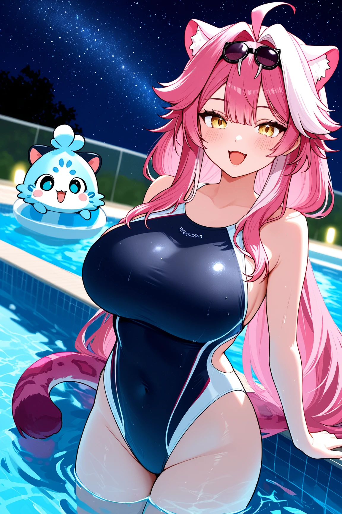 (((((Solo)))) (Hot Pink Slime girl), (very long pink hair, (beautiful gold eyes), ((character is covered in pink liquid)), ((full of hot pink liquid)), ((pink slimegirl dripping)), Anime style 4K, Anime Wallpaper, ((chubby)), curvy hips, (detailed eyes), very long hair, palm trees, backyard, naked, (at a pool, in a backyard), (slime horns), (C cups), character is covered in slime, various poses, smiling, (pink slime everywhere), (cat ears), (cat tail), (core), ((sunset)), (transparent), ((mature face)), ((multicolored slime girl)), ((blue body)), (slime girl having fun), swimming in a pool