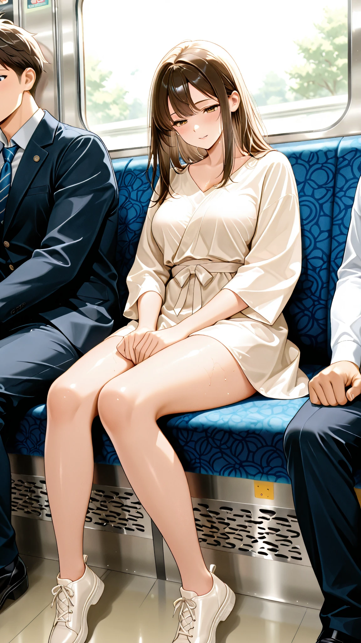 A skinny naked with small breasts,spread legs,pussy juice,crowded train,masturbation,large crowd of people