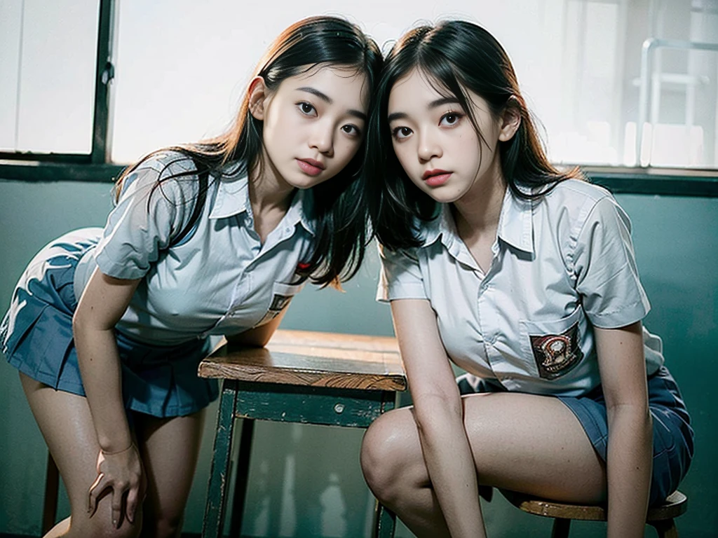 (upperbody:1.2), selfie portrait of (2 girls:1.5), beautiful cewe-sma wearing (highschool uniform, short sleeve, blue grey long tie, (bottomless:1.5)), serene expression, detailed facial features, flawless make-up, intricate embroidered patterns, (exposed hanging breast:1.2), slim body, sitting side by side with (crossed-legs, knees up), elegant pose, in the classroom, looks so cool, (foggy atmosphere:1.3), ((high angle, seen from forward):1.3), (facing forward:1.2), soft natural lighting, photorealistic, highly detailed, 8k, cinematic, dramatic, natural color tones,