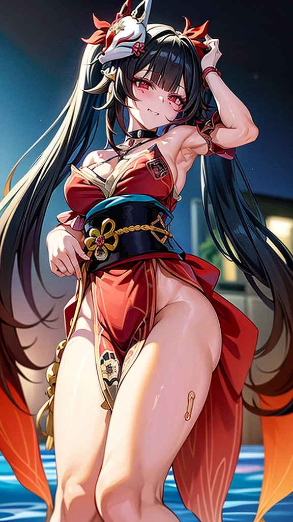 (1 girl), Face: Art style, Anime style color: Predominantly red with black and white contrasts, Eye color: bright crimson red, with luminous reflections. Hair color Black with red highlights, Hairstyle: Long with twintails, adorned with the traditional red and gold hair ornament, (((happy))), closed mouth, (((kitsune mask))), muscular legs, sadistic, (((in the motel room))), {{{showing her big  to me}}}, (((full body photo))), well-groomed nails, red nails, (((wearing a cute short  and ))) , , hdr, {Standing}, (((full body view))), wearing a red high heel shoe