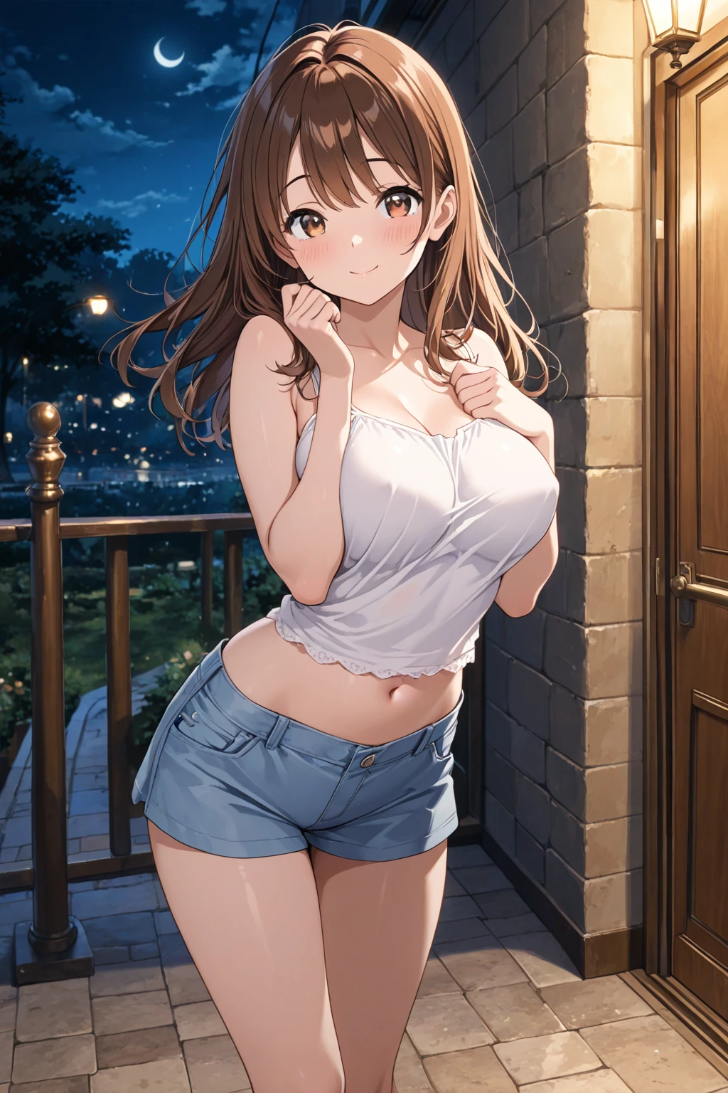 masutepiece,Best Quality,High resolution,Fine details,独奏,Adult Woman,blush,Curve,((Delicate white underwear)),(On a luxury hotel bed),sexy hips、Long Wave Hair、dark brown hair、Stretch the hem of the buttocks with a slouch、Mid-chest、blue eyeasterpiece、Highest quality, High resolution, uhd, Pixel perfect, Depth of written boundary, 4K, RTX, HDR)), 1 Girl, single, alone, 24-years-old, Beautiful Anime Girls, Beautiful art style, anime character, ((Parted bangs, Brown Hair)), (blue eyes、Round eyes, Beautiful eyelashes, Realistic eyes), (Detailed face:1.2), (Smooth texture:0.75, Realistic texture:0.65, Realistic:1.2, Cinematic, Anime CG Style), Perfect body, Best Bust、Bust 85、Perfect Body、nsfw:1.8,Visible from the thighs、Night Background、Beautiful white panties、Bamboo、wind chimes、Put your hands on the window、milky way、Seen from behind、Bra shoulder straps