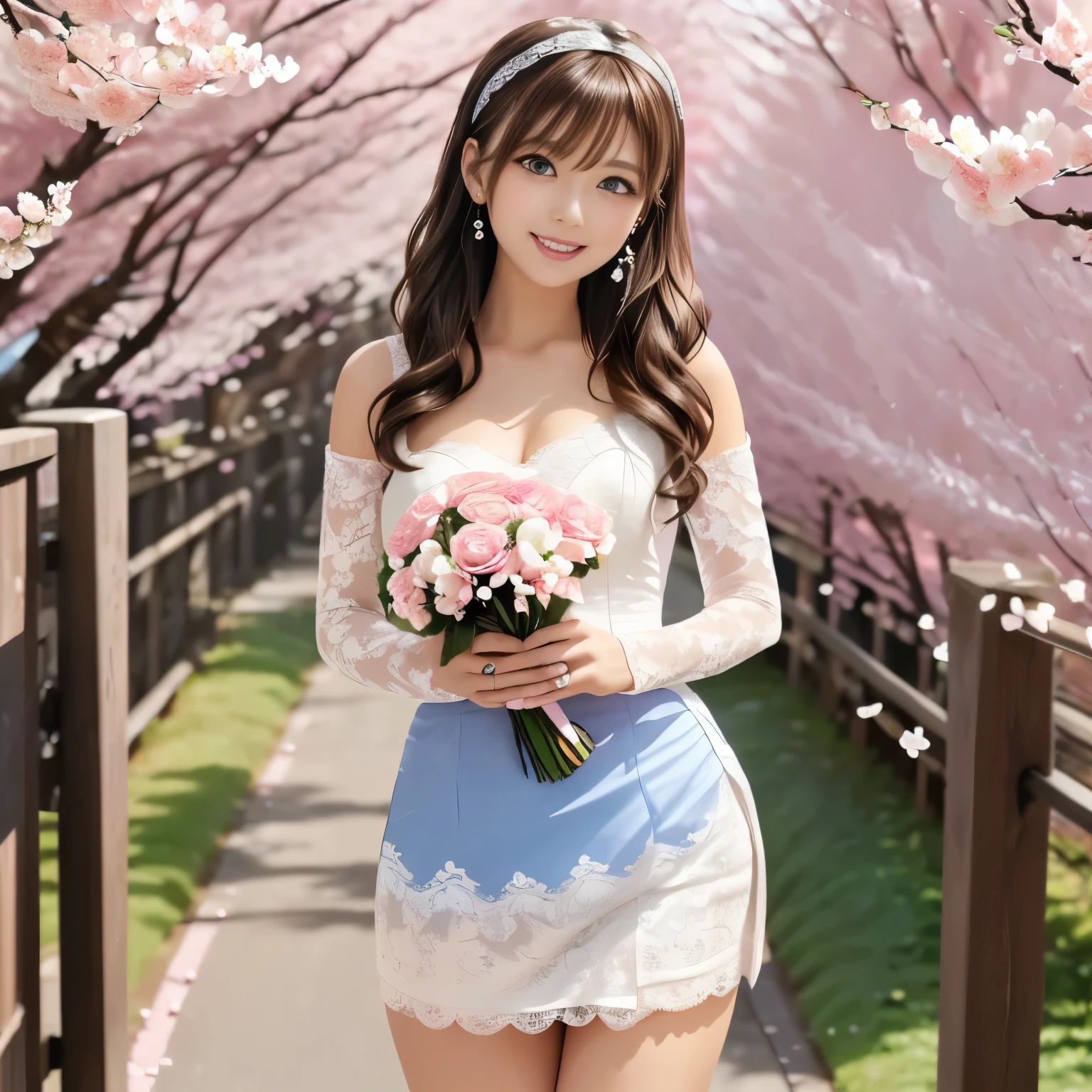 masterpiece, best quality, ultra high res, anime style, soft and warm atmosphere, pastel color palette, gentle sunlight, soft focus, dreamy lighting, two beautiful sisters, older sister: elegant, tall, slender, (long wavy dark brown hair:1.3) in a loose side braid, (deep blue eyes:1.25) with a warm, joyful smile, (looking directly at the viewer:1.2), wearing an (off-shoulder white wedding dress with lace details:1.3), holding a (lily bouquet:1.25) close to her chest, graceful posture, younger sister: cute, petite, (short bob golden hair:1.3) with a (pastel pink ribbon hair accessory:1.25), (bright green eyes:1.25) sparkling with happiness, bright and cheerful smile, (looking directly at the viewer:1.2), wearing a (pastel pink wedding dress with frills and ribbons:1.3), holding a (rose bouquet:1.25), outdoor garden wedding scene with full-bloom (cherry blossoms:1.3) gently falling around them, (sunlight filtering through trees:1.2), soft pink petals in the air, soft bokeh background, gentle breeze making hair and dresses sway, (camera angle from mid-thigh up:1.2) to clearly show their upper bodies and bouquets, cinematic soft lighting, ultra detailed faces, glossy eyes, smooth shading, clean lineart.(The two lift up their skirts and show their lace panties:1.4)