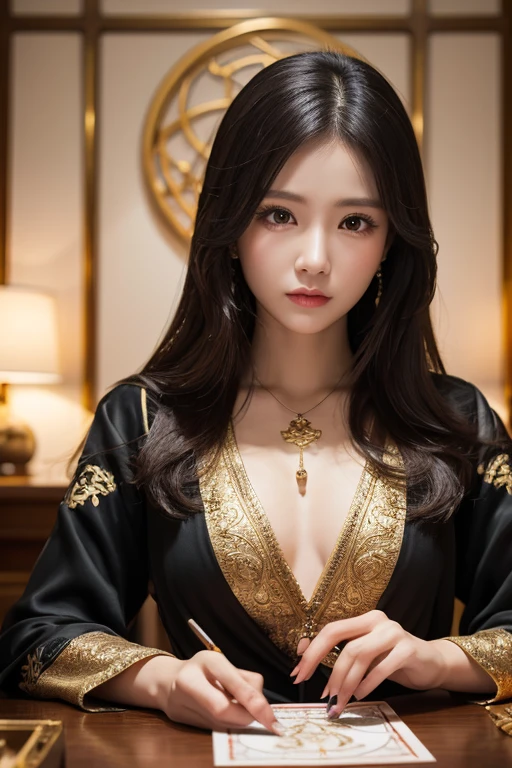 a beautiful empress portrait, black hair, perfect black eyes, with a brilliant, clothes Santa robes, everything Christmas, snow, symmetrical, dramatic studio lighting, rococo, baroque, greens, asian, hyperrealism, closeup, D&D, fantasy, intricate, elegant, highly detailed, digital painting, artstation, octane render, 8k, concept art, matte, sharp focus