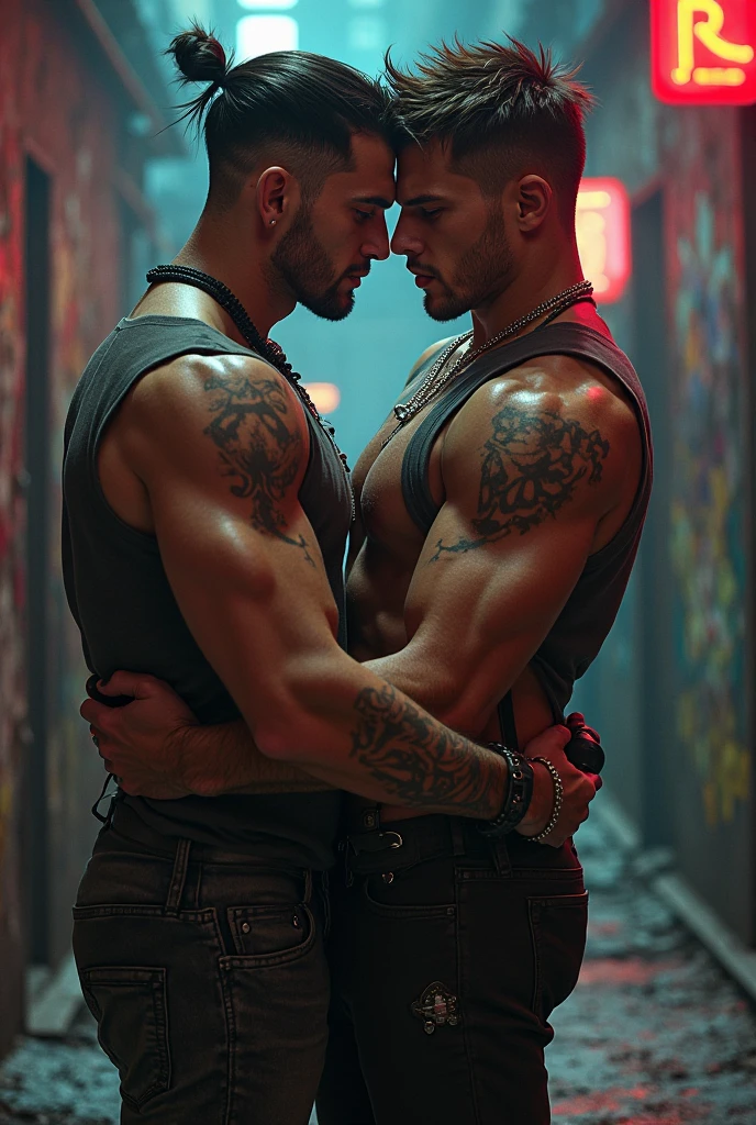 Two muscular israel men with black short hair, wearing leather harness and briefs, two men embracing and kissing, outdoor background, dramatic lighting, realistic, cinematic, chiaroscuro lighting, moody atmosphere, sensual, passionate, romantic, high contrast, cinematic composition, masterpiece, ultra-detailed, 8k, photorealistic