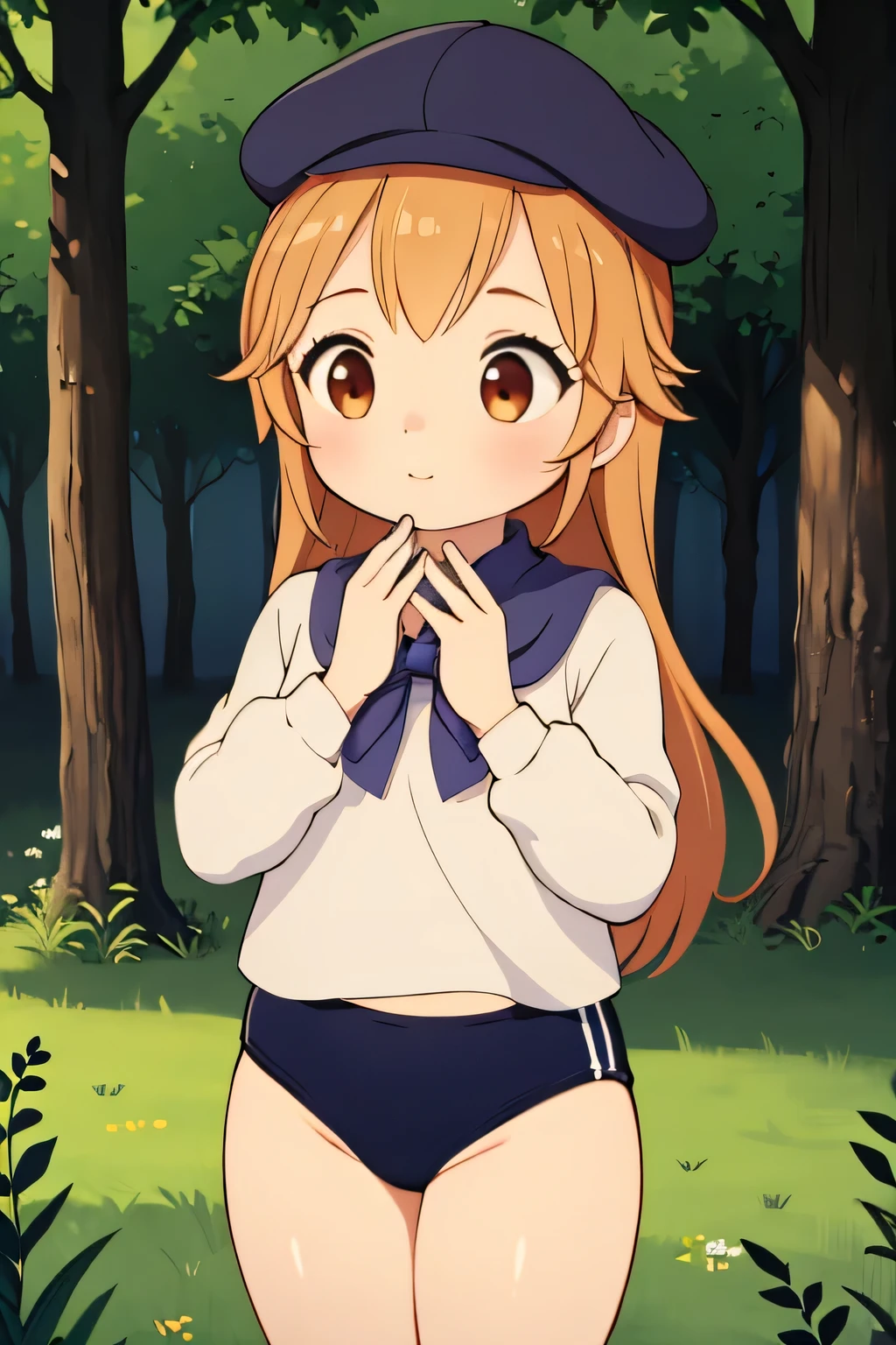 (masterpiece, highest quality), 1 girl, beautiful face, beautiful body, wearing a Black gymnastics bloomers, High leg、white blouse, cowboy shot、Are standing、full body portrait、alone, complex details, enlarged textures, complex details, finely detailed eyes and detailed face, intricate details, (closed mouth), perfect eyes, equal eyes, perfect body, extremely detailed, (), extremely realistic 3d,In a dark forest、cap,long violate hair,Grass