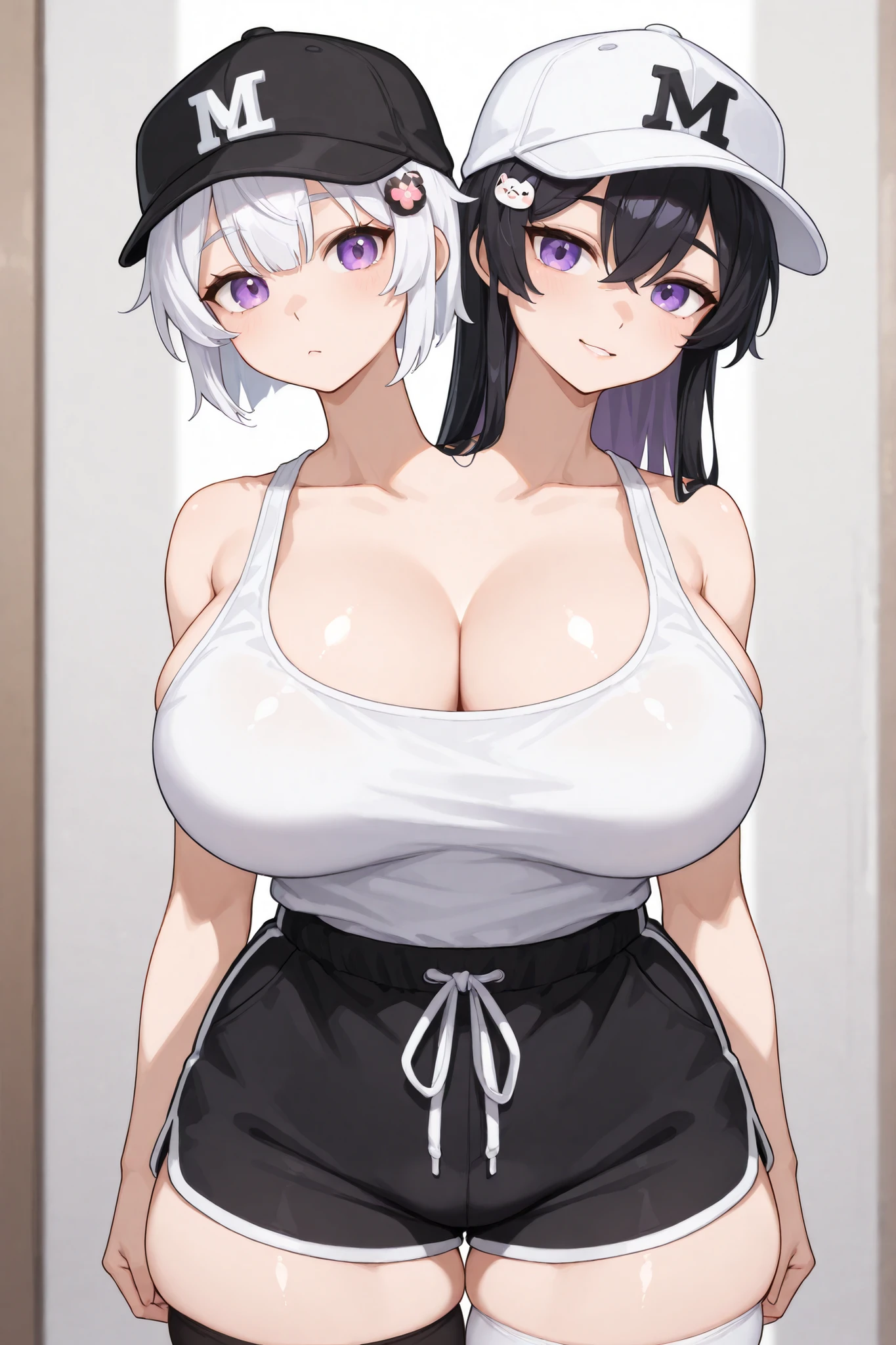 nsfw,2girls,duo,From above,face focus,(Curvy),(attractive:1.5),front  view,lineup,(breasts focus),(Androgynous:1),shiny Bikini,big breast,black hair,red eyes,(one eyes:1.5),(pupil:1.3),Cameltoe,(White hair),(yellow eyes),(micro bikini:1.4),(hands on lap),(v arms),medium hair,sidelocks,(cowboy shot),(light skin),straight-on,standing,masterpiece,best quality,very aesthetic,absurdres,leaning forward,(sway back),(bottom up)