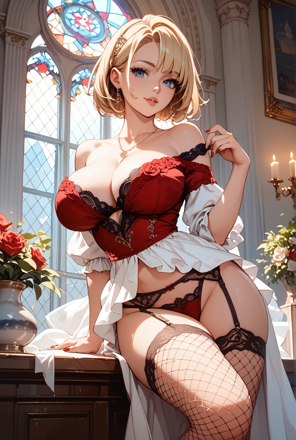 masterpiece,stunning reality,Realistic,Clarity,Sexy,full,beauty,Married woman,Huge breasts,cleavage,prostitute,Dim Lights,on the bed,Transparent lace skirt,Lipstick,Smile,earrings,brown hair,Short curly hair,Green eyes,躺on the bed露出屁股,Close-up shot from behind,Lace exposed,stockings,Areola
