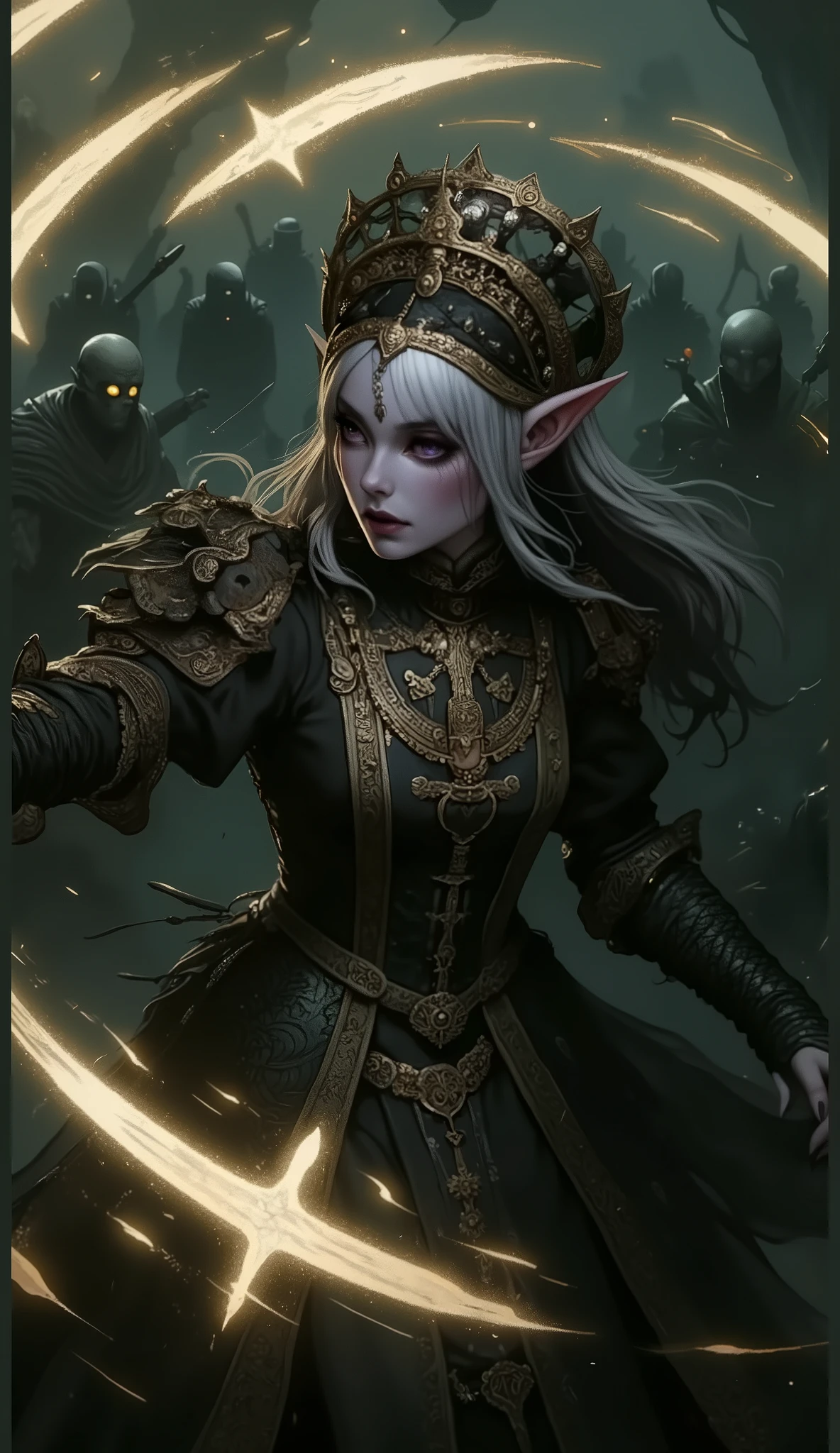 (A fusion of Ukiyo-e and dark fantasy. Aesthetic and gothic digital art. Draw a detailed face. Look away.) BREAK
(Transparent white hair. Blunt bangs. White eyebrows. Long white eyelashes. Almond-shaped eyes. Lavender-colored eyes. Thick, dark eyeliner. Small pink lips. Slightly pointed ears. Dark purple skin. Thin limbs. Thin fingers. White nails. Draw one thumb and four fingers accurately.) BREAK
(A female dark elf cleric is fighting to save the port from a horde of undead soldiers resurrected by dark powers. The female cleric stands firmly on the port's cargo unloading area, launching numerous pale blue, glowing, rotating swords in a large horizontal circle around herself to create a wall of swords. She is dressed in a heavy, 15th-century Italian court-style outfit. Please depict this powerful scene from a bird's-eye view, focusing on the woman in close-up.)