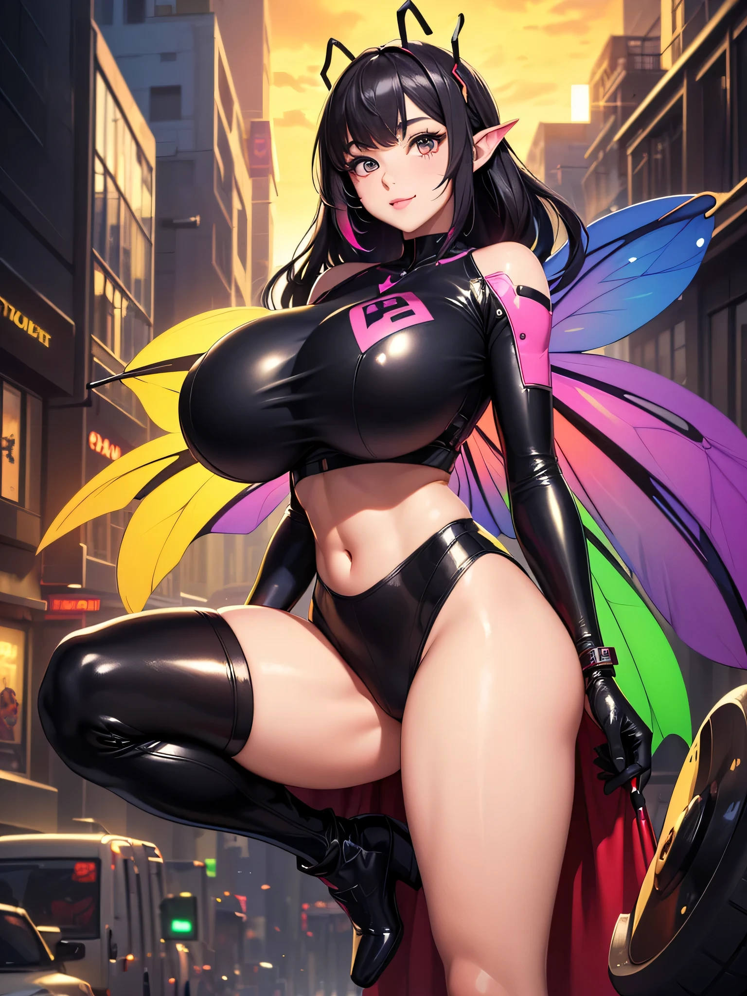 (best quality, 8k, highres, masterpiece:1.2), ultra-detailed, fairy assassin, gigantic breasts, approaches silently, graceful posture, targeting enemies, cold eyes, emitting enigmatic gleam, wings flutter quietly, blending into darkness, presence harbors fear, secrecy, fulfills assassination mission, shadows