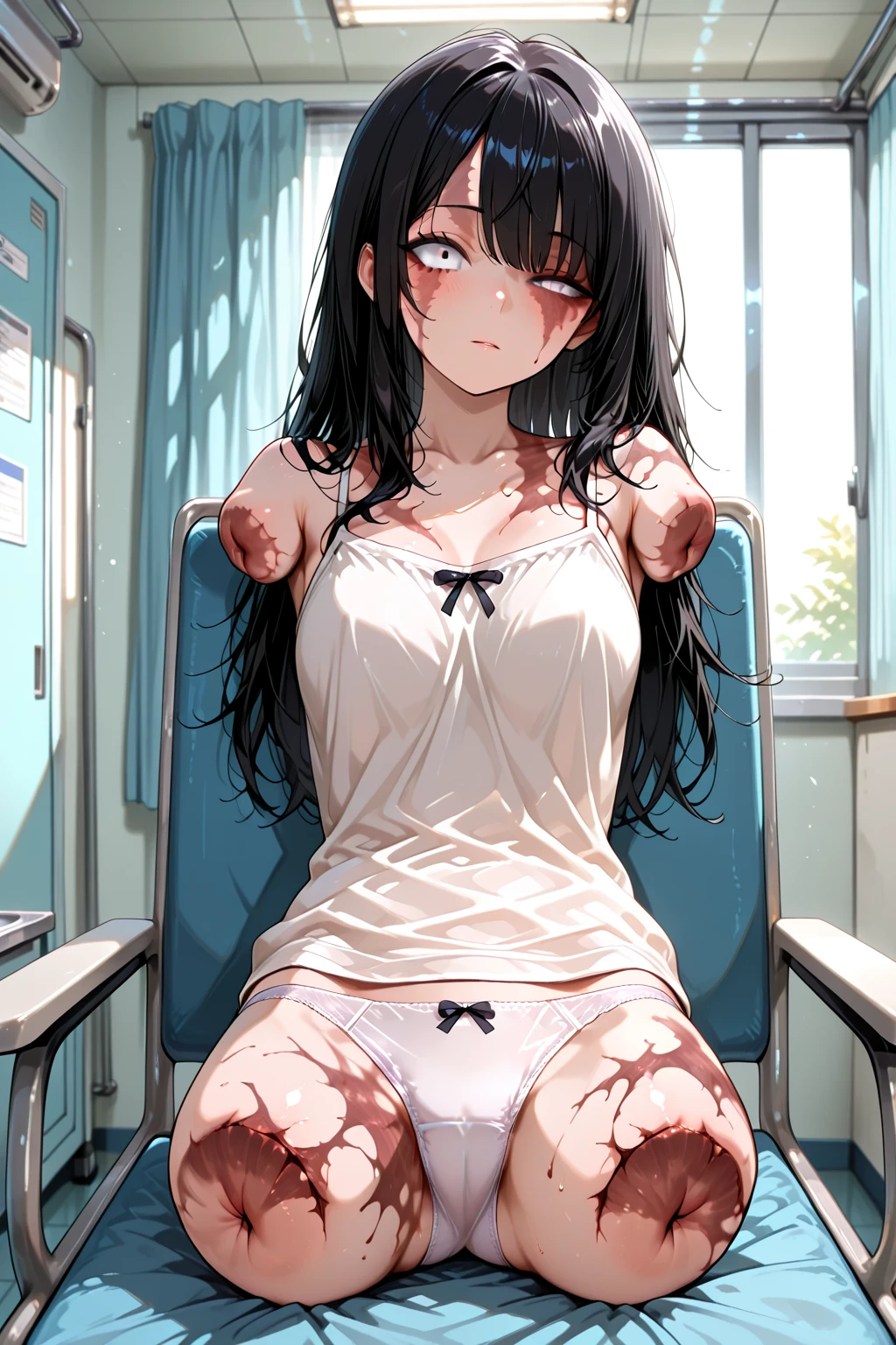 1 girl: full body.  Sitting in a chair, inside a hospital office.    Small and thin body, tiny, , ebony skin.   Wide hips and narrow waist.    Small bust.   Full legs and lips.    Long, loose, wavy, messy black hair.    Black eyes.    Dressed in a small erotic doctor costume: long white doctor's coat that covers the palms of the hands and reaches to the ankles, tiny white skirt, white crop top with a red cross in the middle that shows the abdomen, white stockings with lace with a red bow.  Red patent leather shoes.    Black choker.   Black mesh gloves that leave the fingers exposed.  Expression: confused, confused, raised eyebrow.   Small, dark and sweaty body.    Loli body.    body.