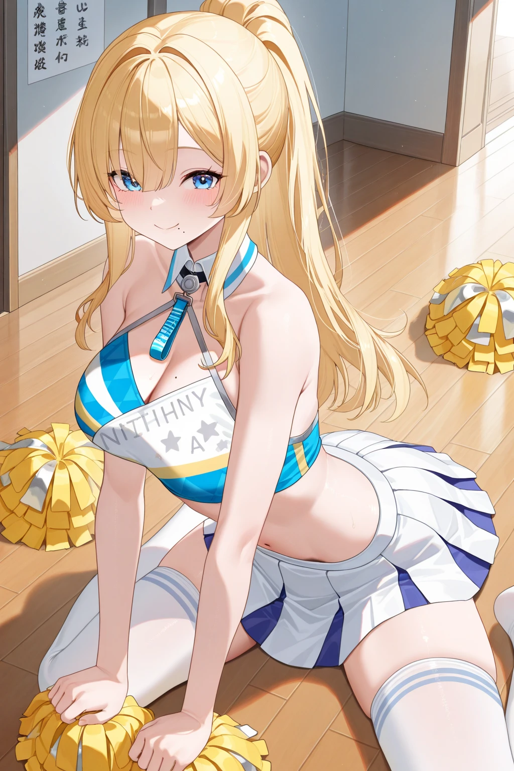 masterpiece, best quality, long hair,  medium breast, cleavage, navel, slim legs, morgan fate blonde hair, stage, cheerleader, happy, short skirt, mature women, sitting