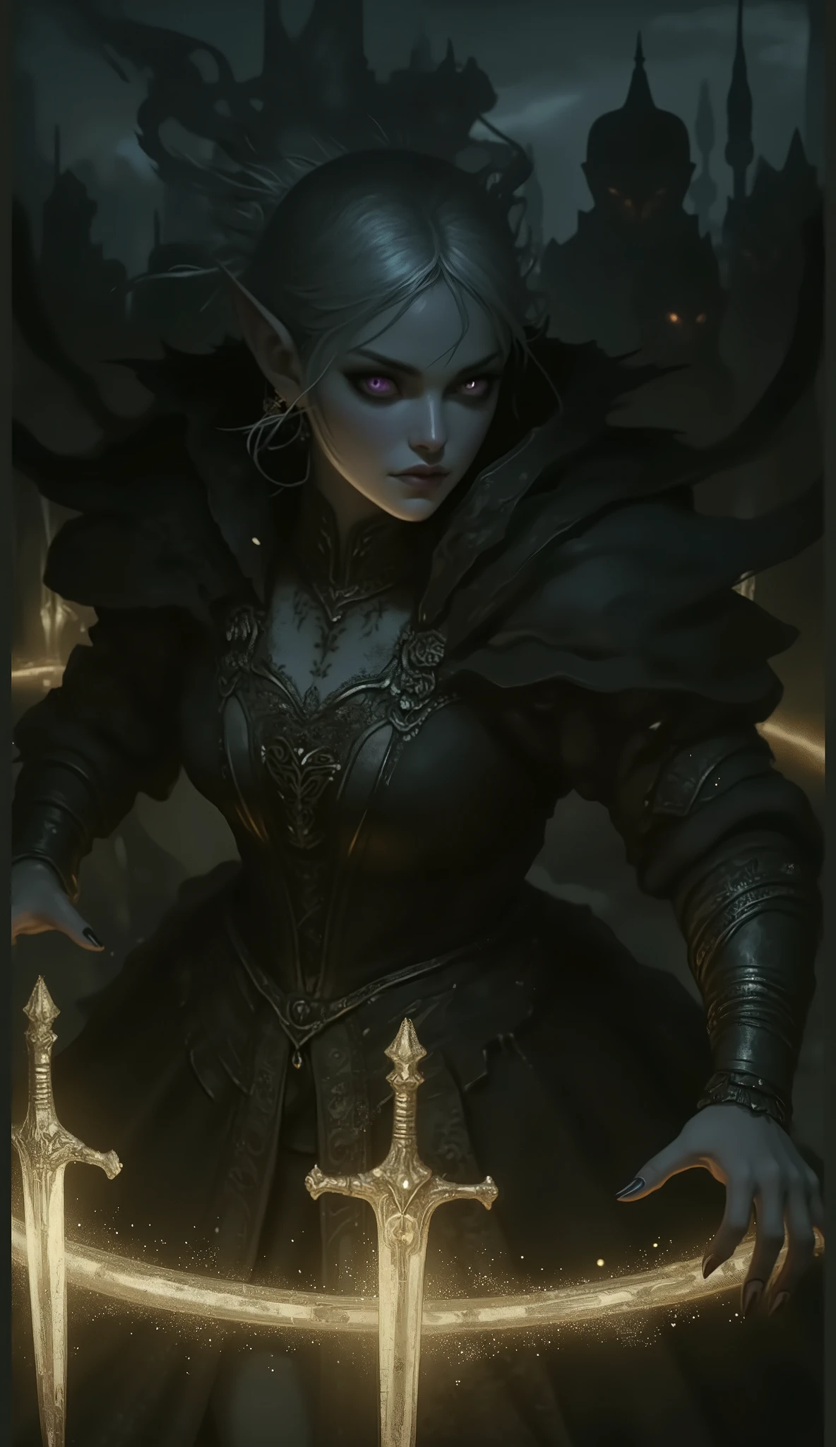 (A fusion of Ukiyo-e and dark fantasy. Aesthetic and gothic digital art. Draw a detailed face. Look away.) BREAK
(Transparent white hair. Blunt bangs. White eyebrows. Long white eyelashes. Almond-shaped eyes. Lavender-colored eyes. Thick, dark eyeliner. Small pink lips. Slightly pointed ears. Dark purple skin. Thin limbs. Thin fingers. White nails. Draw one thumb and four fingers accurately.) BREAK
(A female dark elf cleric is fighting to save the port from a horde of undead soldiers resurrected by dark powers. The female cleric stands firmly on the port's cargo unloading area, launching numerous pale blue, glowing, rotating swords in a large horizontal circle around herself to create a wall of swords. She is dressed in a heavy, 15th-century Italian court-style outfit. Please depict this powerful scene from a bird's-eye view, focusing on the woman in close-up.)