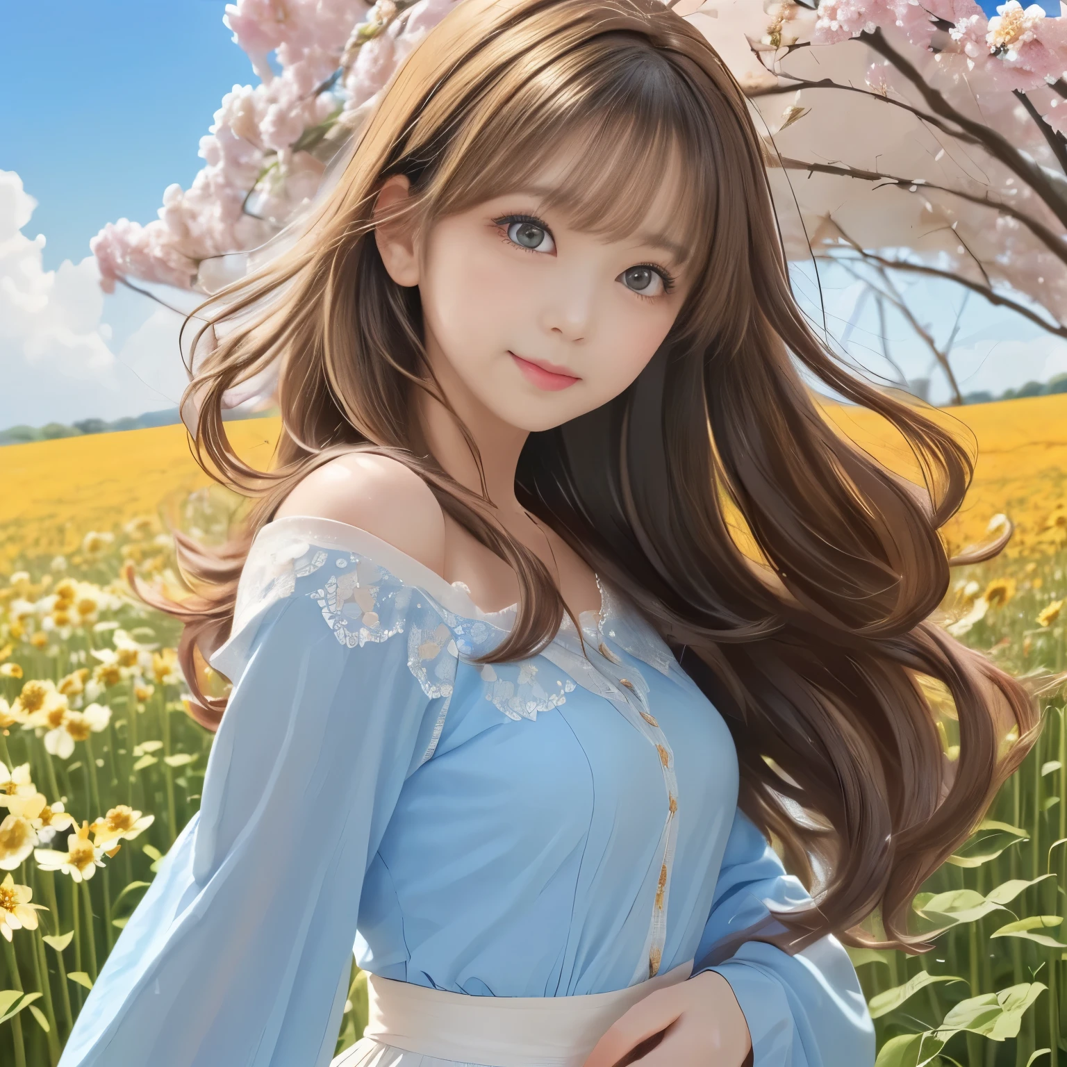 (masterpiece:1.3), (best quality:1.3), (ultra high res:1.2), 2girls, anime style, (beautiful sisters:1.3), (elegant and graceful appearance:1.25), (adorable facial features:1.25), (slightly blushing cheeks:1.2), (affectionate gaze:1.25), (flowing hair in gentle breeze:1.25), (detailed flowing hair strands:1.25), (light and airy dresses:1.2), walking through a (sunlit flower field:1.3), (warm sunlight:1.3), (soft rim lighting:1.25), (bright and warm color palette:1.25), (clear blue sky:1.25), (petals drifting in the air:1.2), (cinematic composition:1.2), depth of field, (sharp lineart:1.2) but (soft skin shading:1.25)