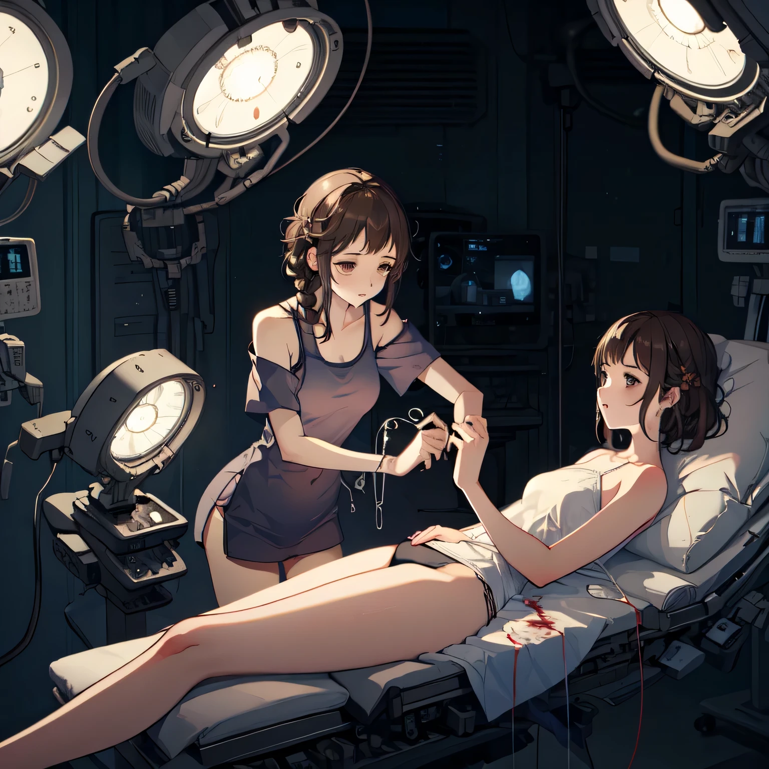 masterpiece,best quality,highly detailed,1girl,1boy,2boys,multiple boys,exhausted,sick,sleeping,closed eyes,
1girl wearing a black gymnastics bloomers,lying,high leg,self wedgie,long hair,brown hair,braid,brown eyes,bare shoulders,
BREAK
lying,on back,surgery,doctor,surgical light,scalpel,operating table,operating room,(((bloody, blood,blood,(((, hospital gown))),from side,