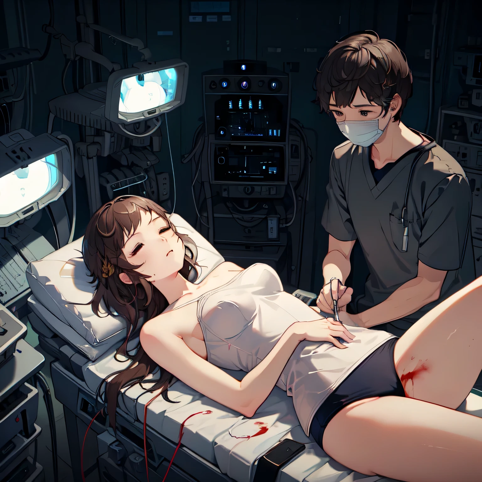masterpiece,best quality,highly detailed,1girl,1boy,2boys,multiple boys,exhausted,sick,sleeping,closed eyes,
1girl wearing a black gymnastics bloomers,lying,high leg,self wedgie,long hair,brown hair,braid,brown eyes,bare shoulders,
BREAK
lying,on back,surgery,doctor,surgical light,scalpel,operating table,operating room,(((bloody, blood,blood,(((, hospital gown))),from side,