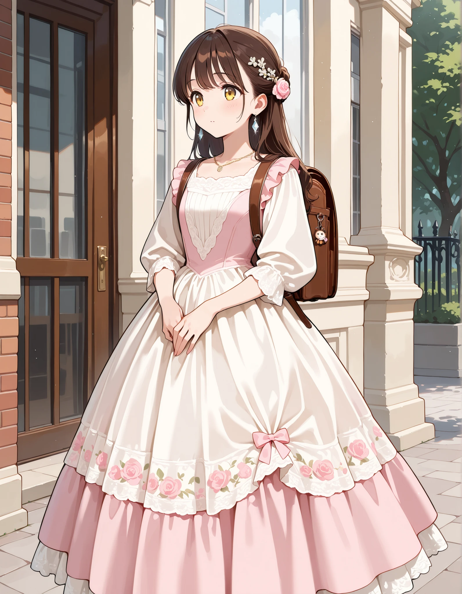 Masterpiece, hd, best quality, solo, yellow eyes, there is a girl standing in a dress, wearing pink floral dress, victorian dress, luxury dress, beautiful white, brown hair, wearing a white dress, dressed in a white dress, Traditional Attire, bowtie, necklace, diamond earrings, in a fancy dress, frilly outfit, wearing beautiful clothes, wearing floral gown, cute young girl, dressed in a beautiful, wearing school backpack, brown backpack, backpack ornaments, keychain, standing, outdoor, pink dress