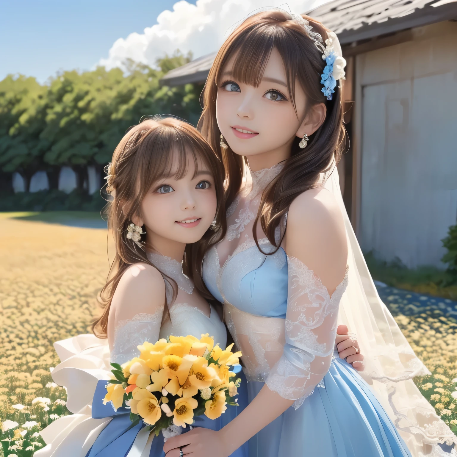 (masterpiece:1.3), (best quality:1.3), (ultra high res:1.2), 2girls, anime style, (beautiful sisters:1.3), (elegant and graceful appearance:1.25), (adorable facial features:1.25), (slightly blushing cheeks:1.2), (affectionate gaze:1.25), (flowing hair in gentle breeze:1.25), (detailed flowing hair strands:1.25), wearing (elegant and intricately detailed wedding dresses:1.3) with (delicate lace and embroidery:1.25), walking through a (sunlit flower field:1.3), (warm sunlight:1.3), (soft rim lighting:1.25), (light passing through hair strands:1.25), (bright and warm color palette:1.25), (clear blue sky:1.25), (petals drifting in the air:1.25), (cinematic composition:1.2), (bokeh background lights:1.15), depth of field, (sharp lineart:1.2) but (soft skin shading:1.25)