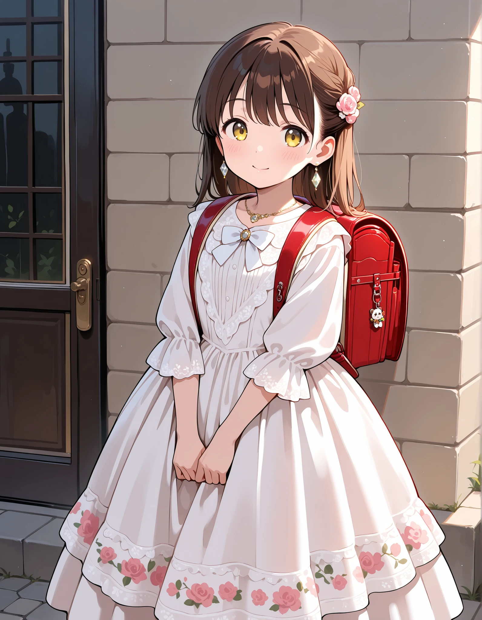 Masterpiece, hd, best quality, solo, yellow eyes, there is a girl standing in a dress, wearing pink floral dress, victorian dress, luxury dress, beautiful white, brown hair, wearing a white dress, dressed in a white dress, Traditional Attire, bowtie, necklace, diamond earrings, in a fancy dress, frilly outfit, wearing beautiful clothes, wearing floral gown, cute young girl, dressed in a beautiful, wearing randoseru backpack, red backpack, backpack ornaments, keychain, standing, outdoor