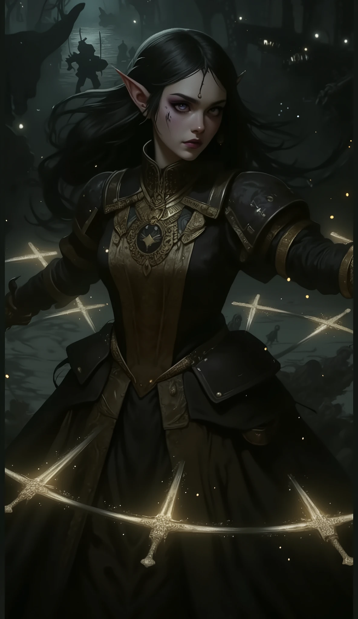 (A fusion of Ukiyo-e and dark fantasy. Aesthetic and gothic digital art. Draw a detailed face. Look away.) BREAK
(Transparent white hair. Blunt bangs. White eyebrows. Long white eyelashes. Almond-shaped eyes. Lavender-colored eyes. Thick, dark eyeliner. Small pink lips. Slightly pointed ears. Dark purple skin. Thin limbs. Thin fingers. White nails. Draw one thumb and four fingers accurately.) BREAK
(A female dark elf cleric is fighting to save the port from a horde of undead soldiers resurrected by dark powers. The female cleric stands firmly on the port's cargo unloading area, launching numerous pale blue, glowing, rotating swords in a large horizontal circle around herself to create a wall of swords. She is dressed in a heavy, 15th-century Italian court-style outfit. Please depict this powerful scene from a bird's-eye view, focusing on the woman in close-up.)
