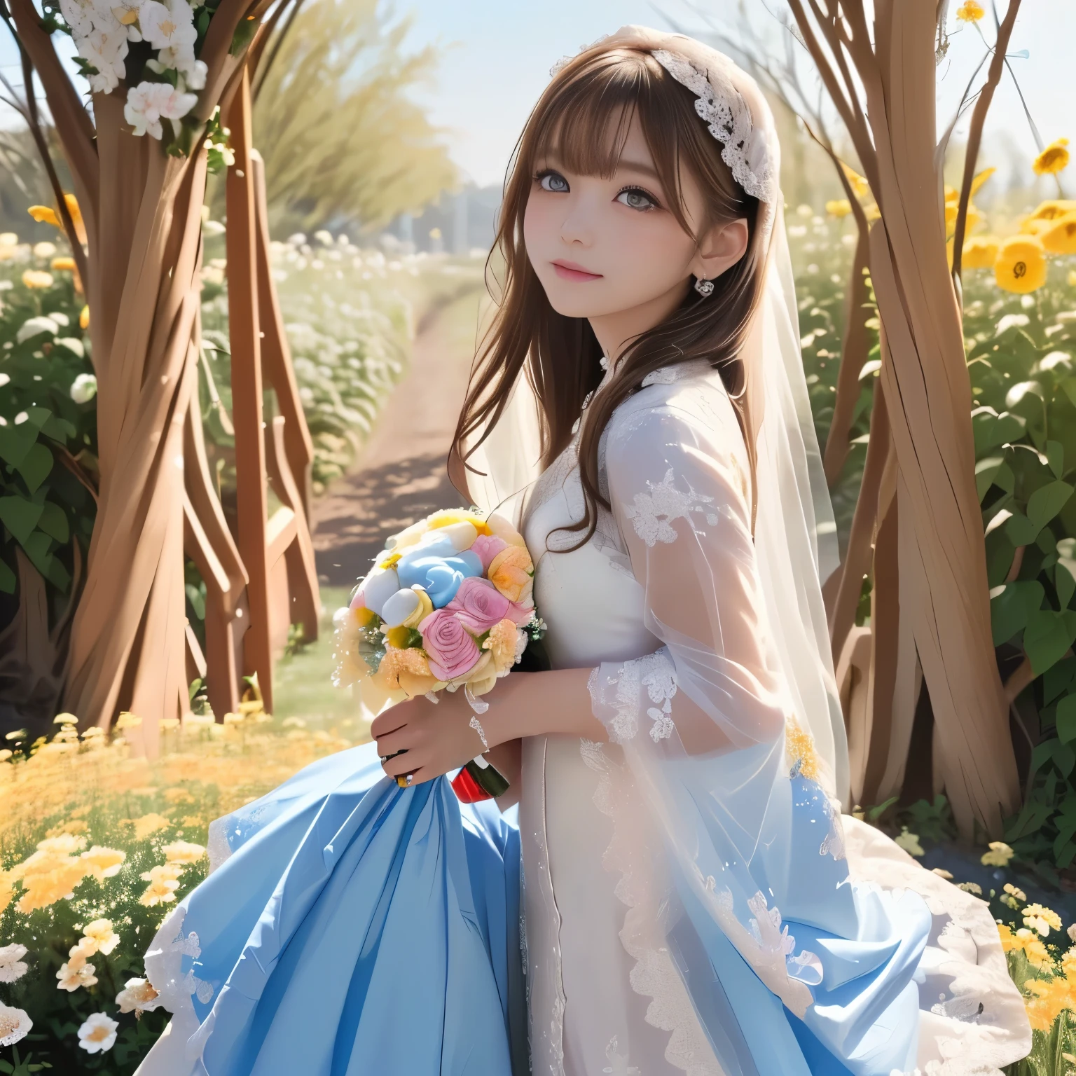 (masterpiece:1.3), (best quality:1.3), (ultra high res:1.2), 2girls, anime style, (beautiful sisters:1.3), (elegant and graceful appearance:1.25), (adorable facial features:1.25), (slightly blushing cheeks:1.2), (affectionate gaze:1.25), (flowing hair in gentle breeze:1.25), (detailed flowing hair strands:1.25), wearing (elegant and intricately detailed wedding dresses:1.3) with (delicate lace and embroidery:1.25), walking through a (sunlit flower field:1.3), (warm sunlight:1.3), (soft rim lighting:1.25), (light passing through hair strands:1.25), (bright and warm color palette:1.25), (clear blue sky:1.25), (petals drifting in the air:1.25), (cinematic composition:1.2), (bokeh background lights:1.15), depth of field, (sharp lineart:1.2) but (soft skin shading:1.25)