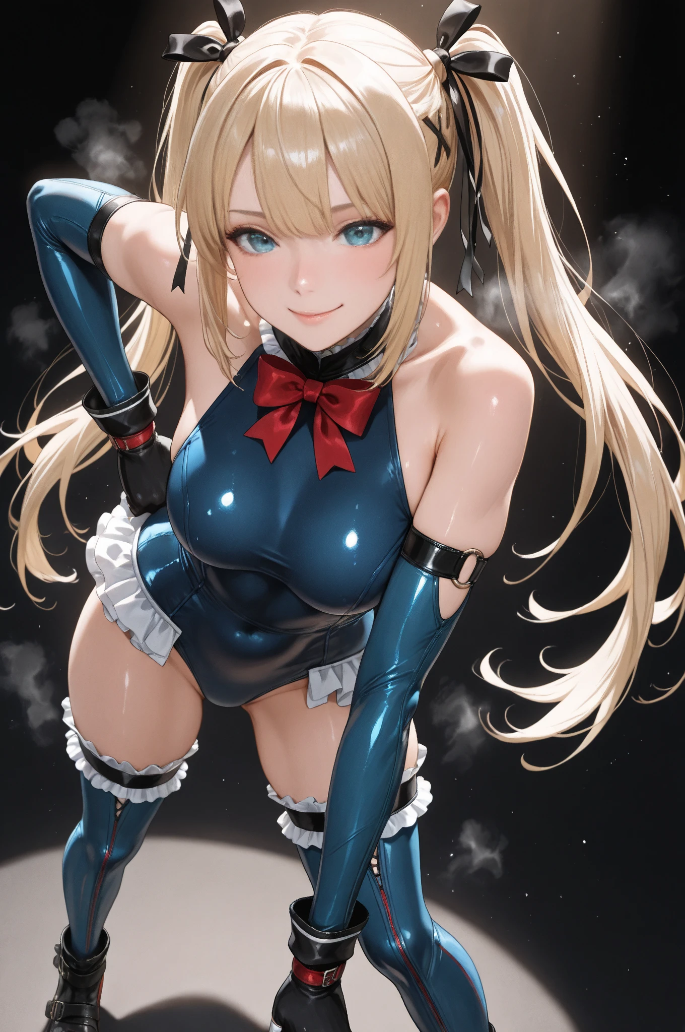 (best quality:1.1), (masterpiece:1.4), (absurd:1.0), portrait, close-up, 1girl, Ekaterina Kuraye, Twintails, low tied_long_hair, hair ends, very long hair, blonde hair, small breasts, blue eyes, black dress, maid's headdress, neck ribbon, wide hips, spread legs, looking at the viewer, on the street, (blush:1.2), city, smile, erotica