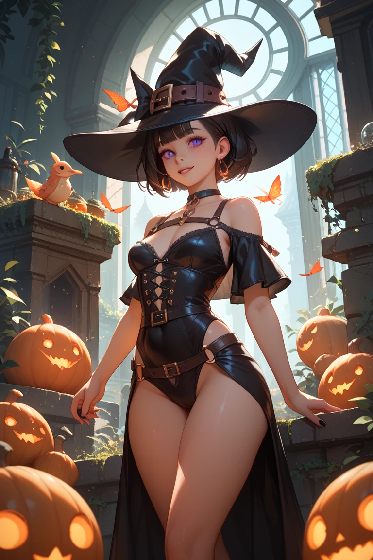 27 year old asian girl with black lingerie and hat sitting on the tile floor, black floss panties, witch paying for her sins, wearing a witch hat, witch,in a halloween style, a witch, wearing black witch hat, witch, sexy look, very sexy outfit, 8k, ultrarealistic --auto