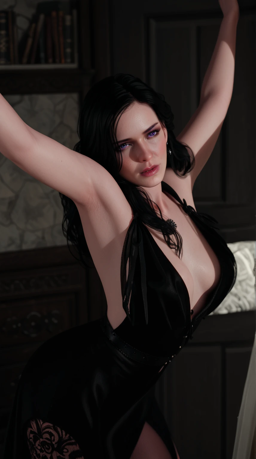 Create ultra-detailed, best quality, High-resolution masterpiece，Depicts a female werewolf in the dark，Glowing white eyes and fangs, High quality shadows, lifelike,Background is a dark forest，Full body image, Dark Background，Wolfskin