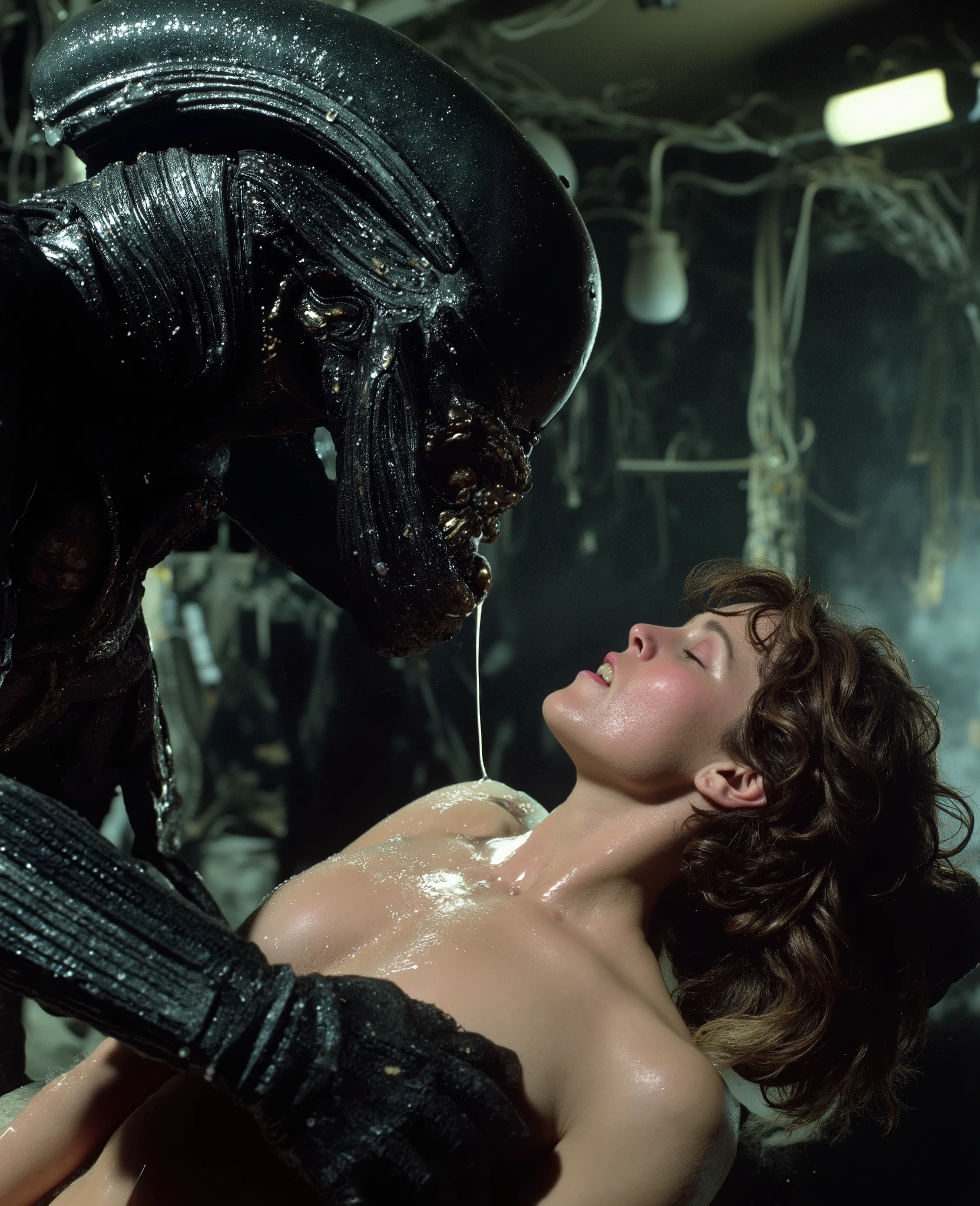 a massive xenomorph fuck unconscious Ellen Ripley hard, Ellen Ripley is gunge all over her body and cum on her face