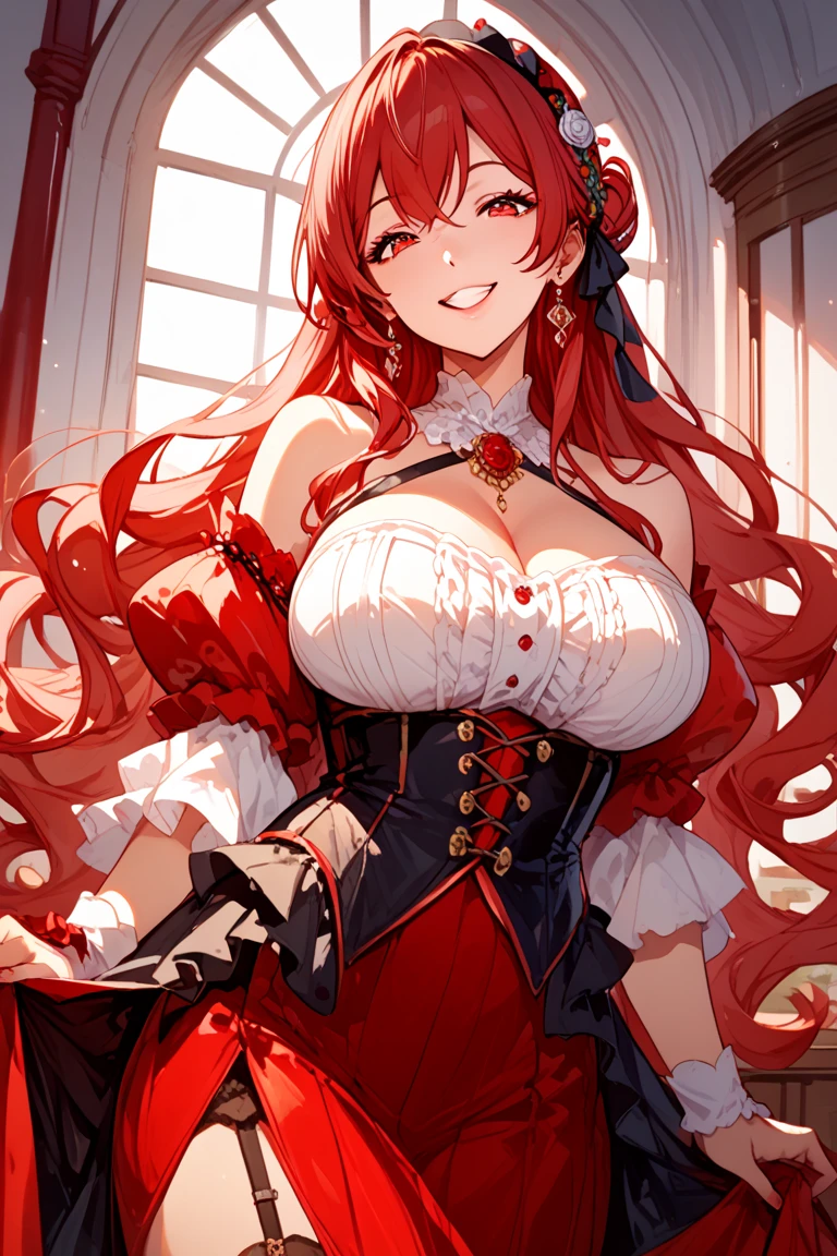 (masterpiece:1.2, best quality:1.2, beautiful, high quality, highres:1.1, aesthetic), detailed, extremely detailed, ambient soft lighting, 4K, perfect eyes, perfect face, perfect lighting, 1girl, solo, huge breasts, huge thighs, narrow waist, wide hips, thick thighs, curvy, standing, looking at viewer, facing viewer, pink hair, grey eyes, long hair, diamond choker, black ascot, detached collar, center frills, red dress, red detached sleeves, red belt, white skirt, red thigh boots, red thigh straps, smile, smug, hands on face, <lora:baobhanASC1v4:1>