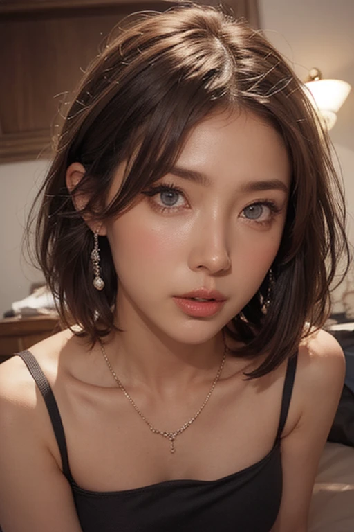 (Masterpiece, BestQuality:1.3), (ultra detailed:1.2), (hyperrealistic:1.3), (RAW photo:1.2),High detail RAW color photo, professional photograph, (Photorealistic:1.4), (realistic:1.4), ,professional lighting, (japanese), beautiful face, (realistic face), cute woman, (Big Tits:1.5), (cheerful Smile:1.35), Trending Hair&Trending Hairカラーをランダムに, earrings, necklace, bracelet, sexly,  sexly, Random sexy gravure poses, (A beautiful brunette woman in light green lace  is smiling sexily in bed。Her hair is short and wavy.、Lying down。:1.3)