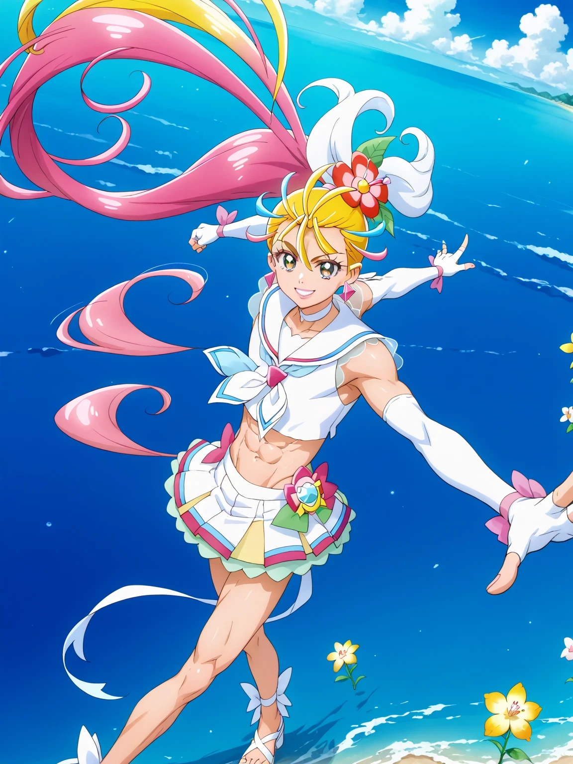 score 9 , score 8 up, score 7 up, source anime, masterpiece, Best quality, Best resolution, best image quality, anime coloring, anime screenshot, anime screencap, 1boy, cure summer is a boy, long haired anime boy, 美しい天の魔道士, flower, jewelry, hair ornament, sea warrior, sunshine aura, heavenly aura, sea aura, solo, long blonde haired boy, high ponytail hair, multicolored hair, two tone hair, streaked hair, gradient hair, pink hair, eyelashes, thick eyebrows, hair flip, zodiac boy knight, flower hair ornament, sparking magical boy, royal elegant pose, anime boy is wearing a white crop top dress, anime boy is wearing a Belly button outfit, anime prince, white arm warmers, white gloves, white sandals, white detached sleeves, elbow gloves, white choker, fingerless gloves, sailor collar with an pink, neckerchief with an pink, lips, triangle earrings, white mini skirt, 彼の周りの魔法のオーラ, green frills under white mini skirt, Portrait of a Zodiac boy Knight, boyish taste, cure summer outfit, 魔法の光沢のある肌, tom boy style, a cheerful smile, slender body, day time!!,  male focus, looking at viewer, solo focus, cowboy shot, bare shoulders, bare arms, bare legs,midriff, navel, abs, covered pectoralis major, stomach, biceps, biceps long head, biceps short head, triceps, deltoids, thigh muscles, hamstrings, adductor magnus muscles,(manly:1.5), (male body:1.5), (manly face:1.5),
