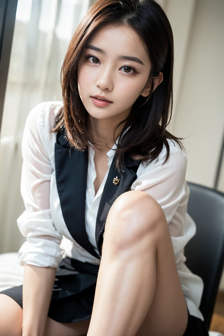 ((Best quality, 8k, RAW photo, Masterpiece :1.3)), (realistic、Photoreal:1.37)、Super detailed、super high resolution, (professional lighting), alone, 1 woman, solo, (30 years old), japanese, beautiful and detailed face, shining eyes, brown eyes, (scrawny：weight1.0) , Fine and beautiful skin, skin texture,A woman sits in front of me with her knees on the floor、look up at the camera、Reaching out and grabbing the camera、His mouth is open and he has an embarrassed expression on his face.、 japanese house、tatami,Japanese style room, sun light, (nsfw,kneeling:1.3, reaching:1.3, open mouth:1.3, bashful), (short hair, brown hair), (Outfit: business suits, Tight black jacket, white tank top, tight black skirt ), (floor from above:1.5) a girl,solo